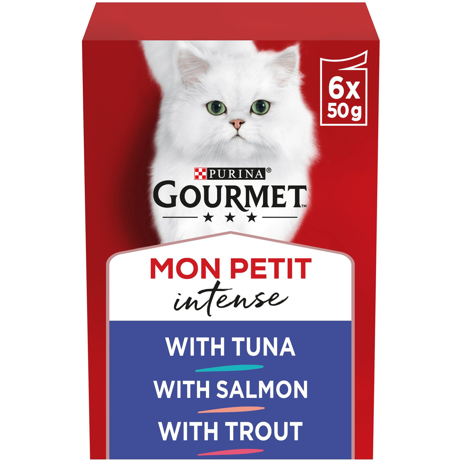 GOURMET Mon Petit Intense Fish Variety with Tuna, Salmon & Trout Adult Wet Cat Food 6x50g – Gourmet