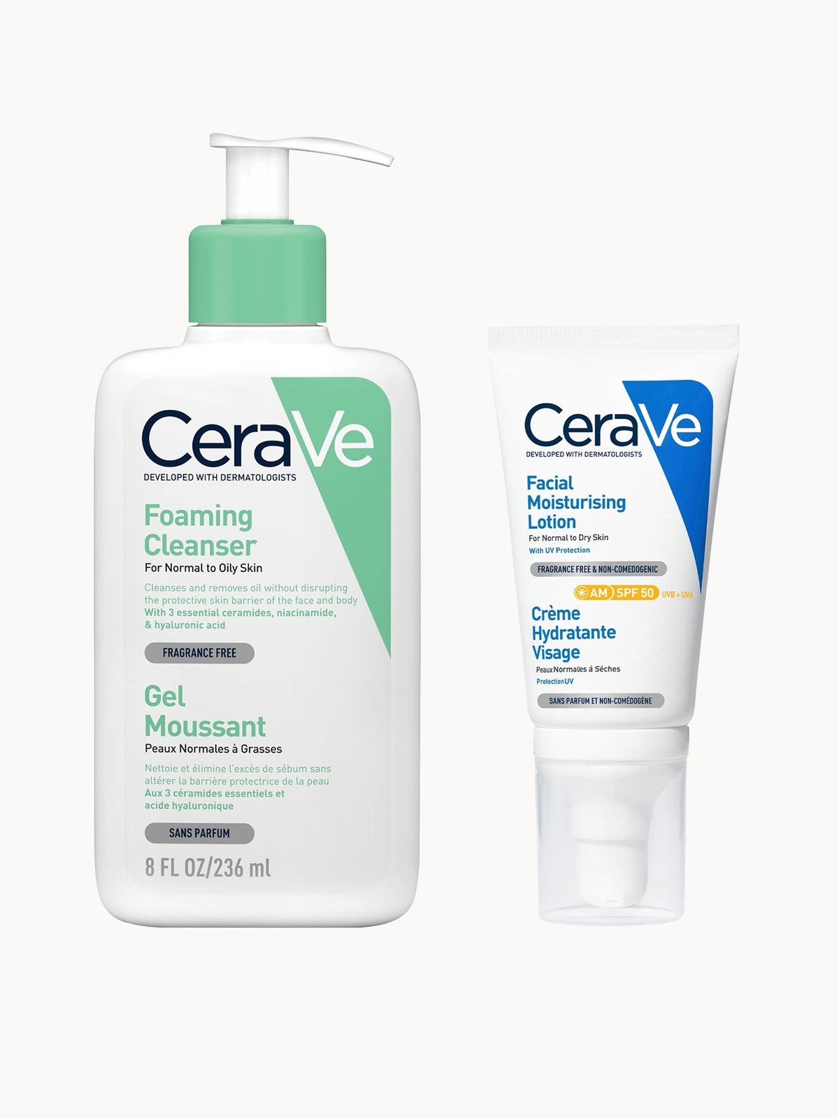 CeraVe Morning Cleanse and Protect Duo for Oily Skin, Cleanser with Niacinamide and Moisturiser with SPF 50 and Hyaluronic Acid