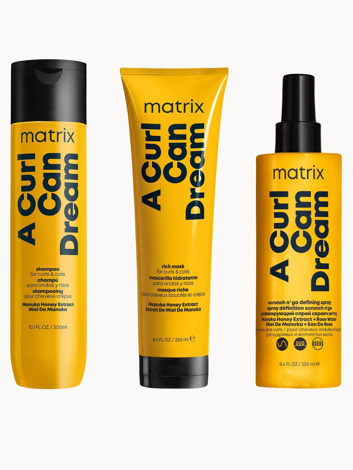 Matrix A Curl Can Dream Shampoo Hair Mask and Scrunch ‘N’ Go Defining Spray for Wavy and Curly Hair