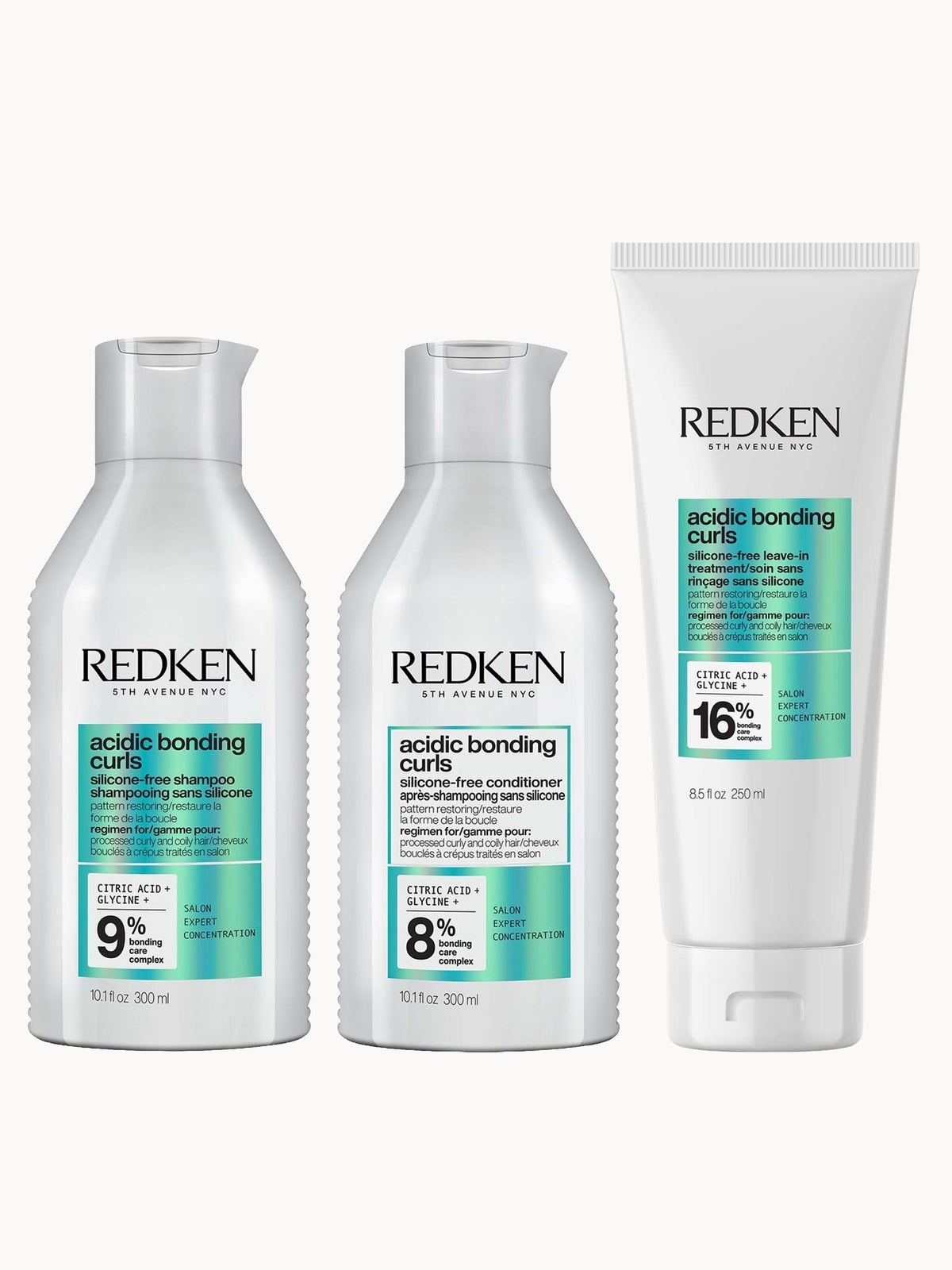 Redken Acidic Bonding Curls Shampoo 300ml, Conditioner 300ml, & Leave-In 250ml Bundle for Damaged Curly & Coily Hair