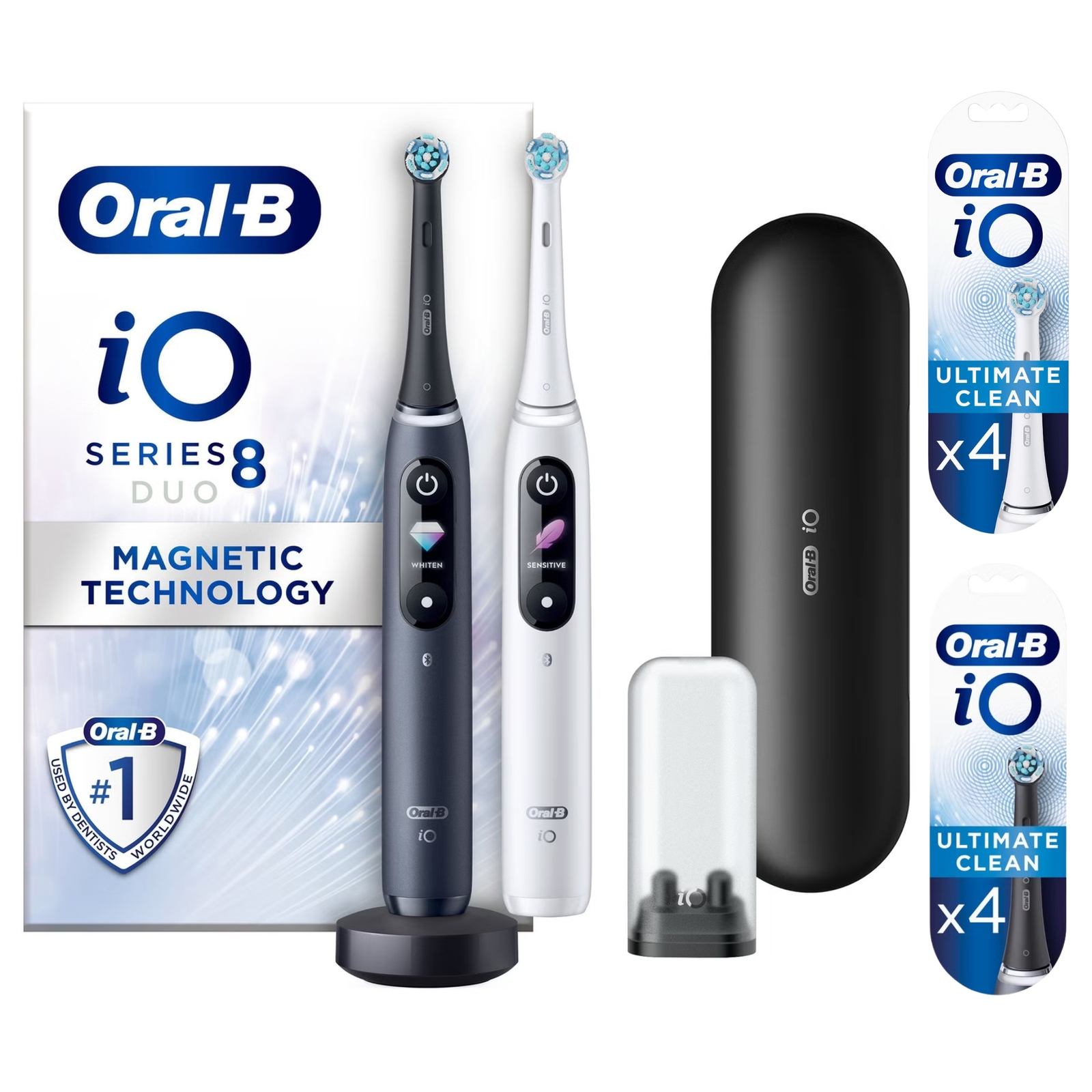 Oral-B iO8 Duo Pack of Two Electric Toothbrushes White & Black - Toothbrush + 8 Toothbrush Heads