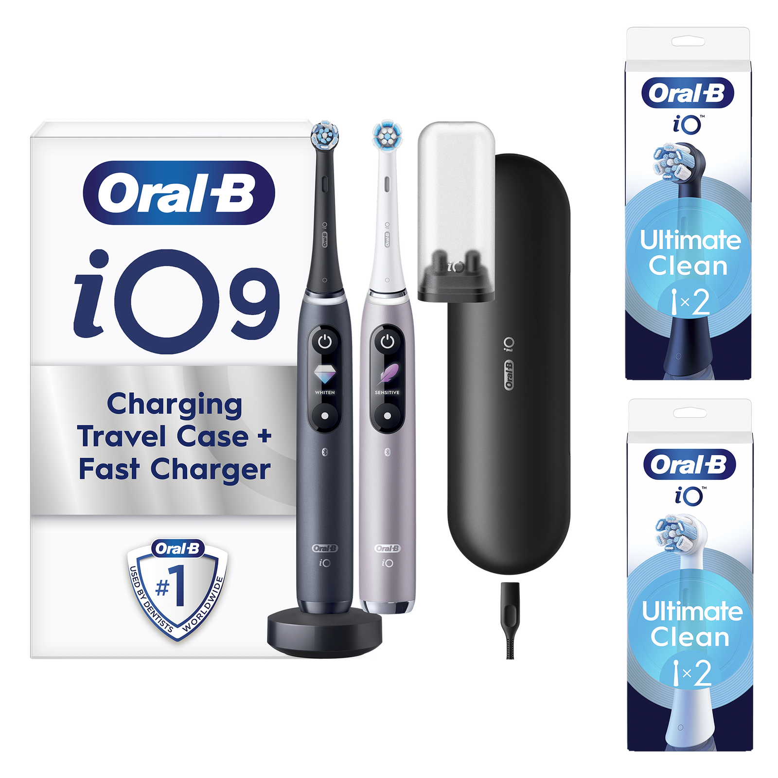 Oral-B iO9 Duo Pack of Two Electric Toothbrushes Black Lava & Rose Quartz - Toothbrush + 4 Toothbrush Heads: retailer-supplied image