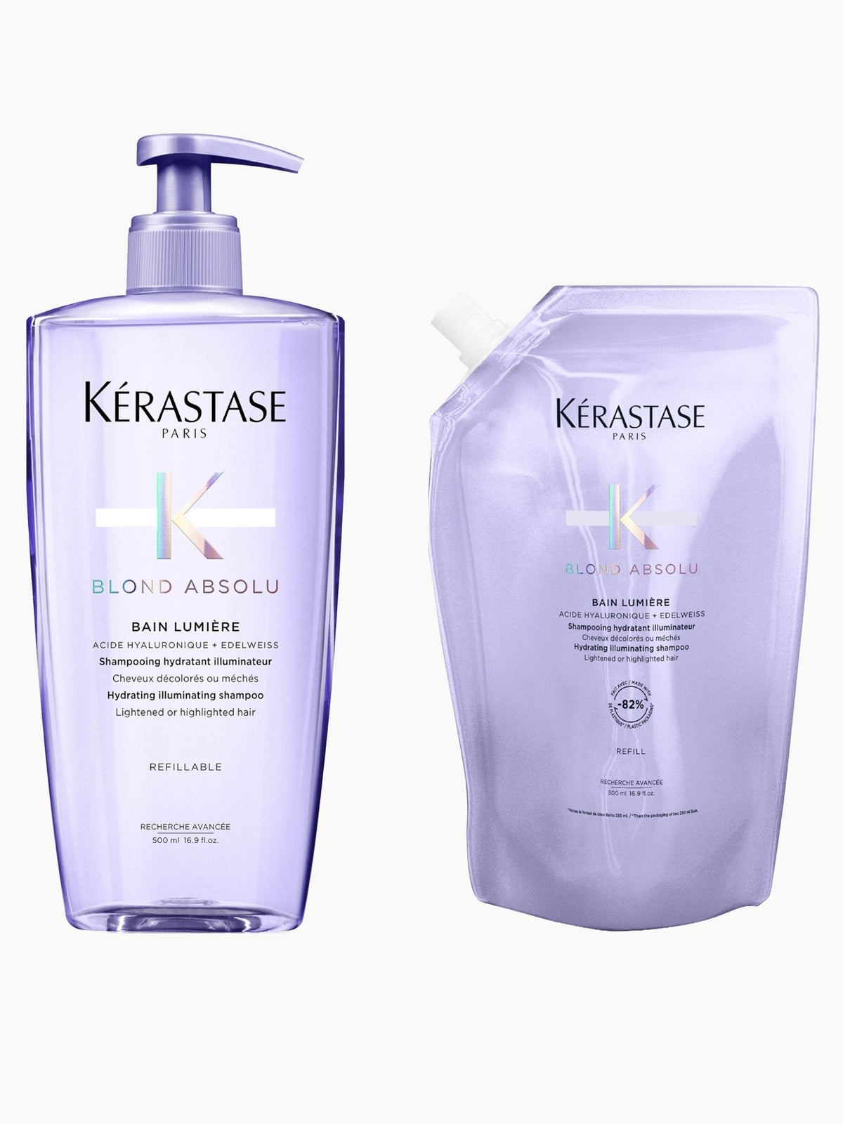 Kérastase Blond Absolu Refillable Shampoo and Refill Pouch Duo for Blonde or Lightened Hair with Hyaluronic Acid 500ml