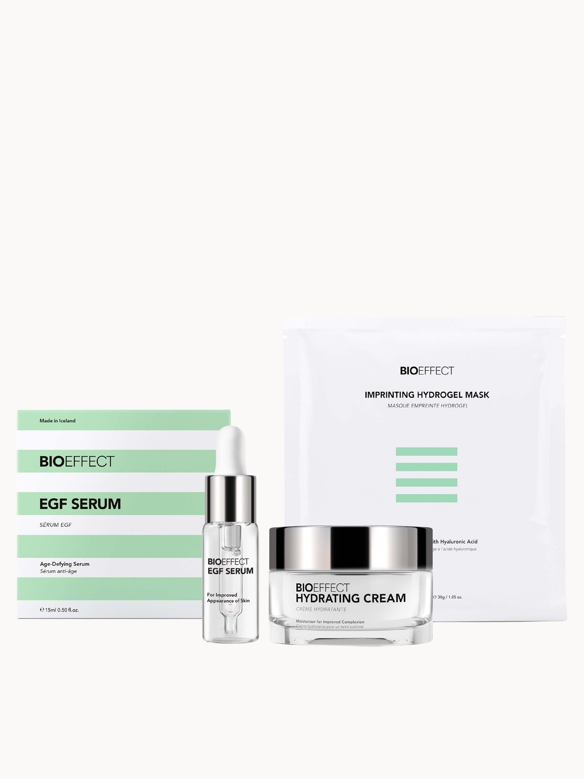 BIOEFFECT Icons Set including EGF Serum, Hydrating Cream 50ml and Imprinting Hydrogel Mask 25g