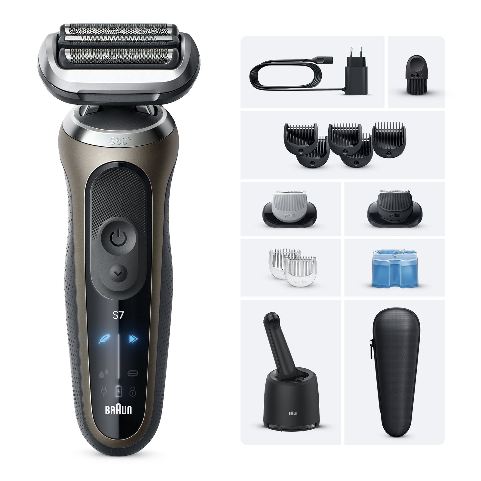 Braun Series 7 Elektrorasierer Mit Reinigungsstation EasyClick-Aufsätzen 72-C7650cc Gold: retailer-supplied image