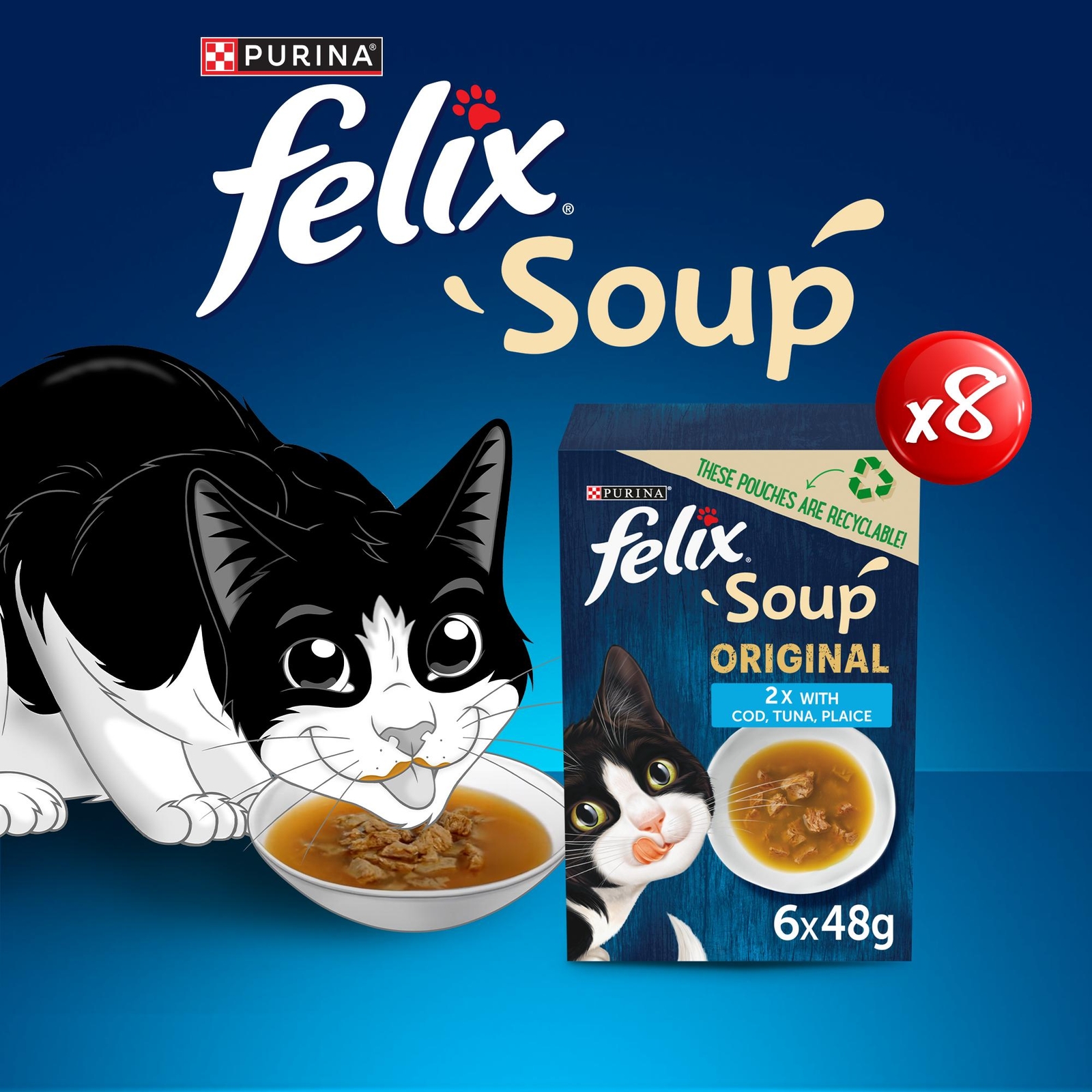 Image of Felix Soup Fish Selection with Plaice, Tuna & Cod Adult Wet Cat Food 48x48g