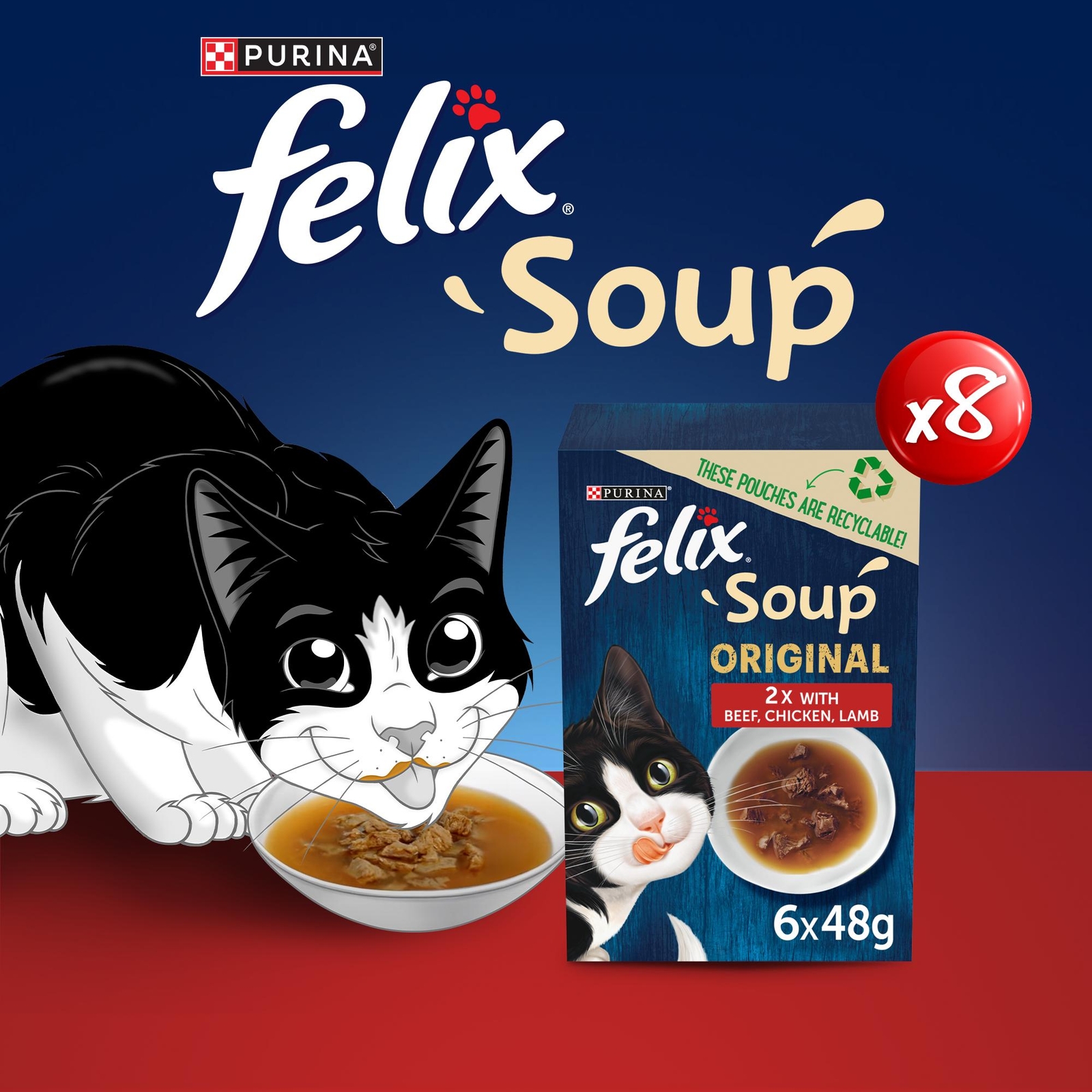 Image of Felix Soup Farm Selection with Chicken, Beef & Lamb Adult Wet Cat Food 48x48g