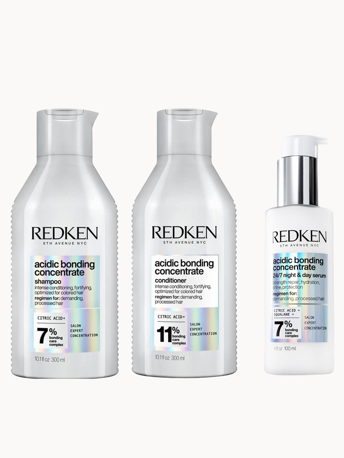 Redken Acidic Bonding Concentrate Shampoo 300ml, Conditioner 300ml and 24/7 Night & Day Serum 100ml Repair Damaged Hair Bundle