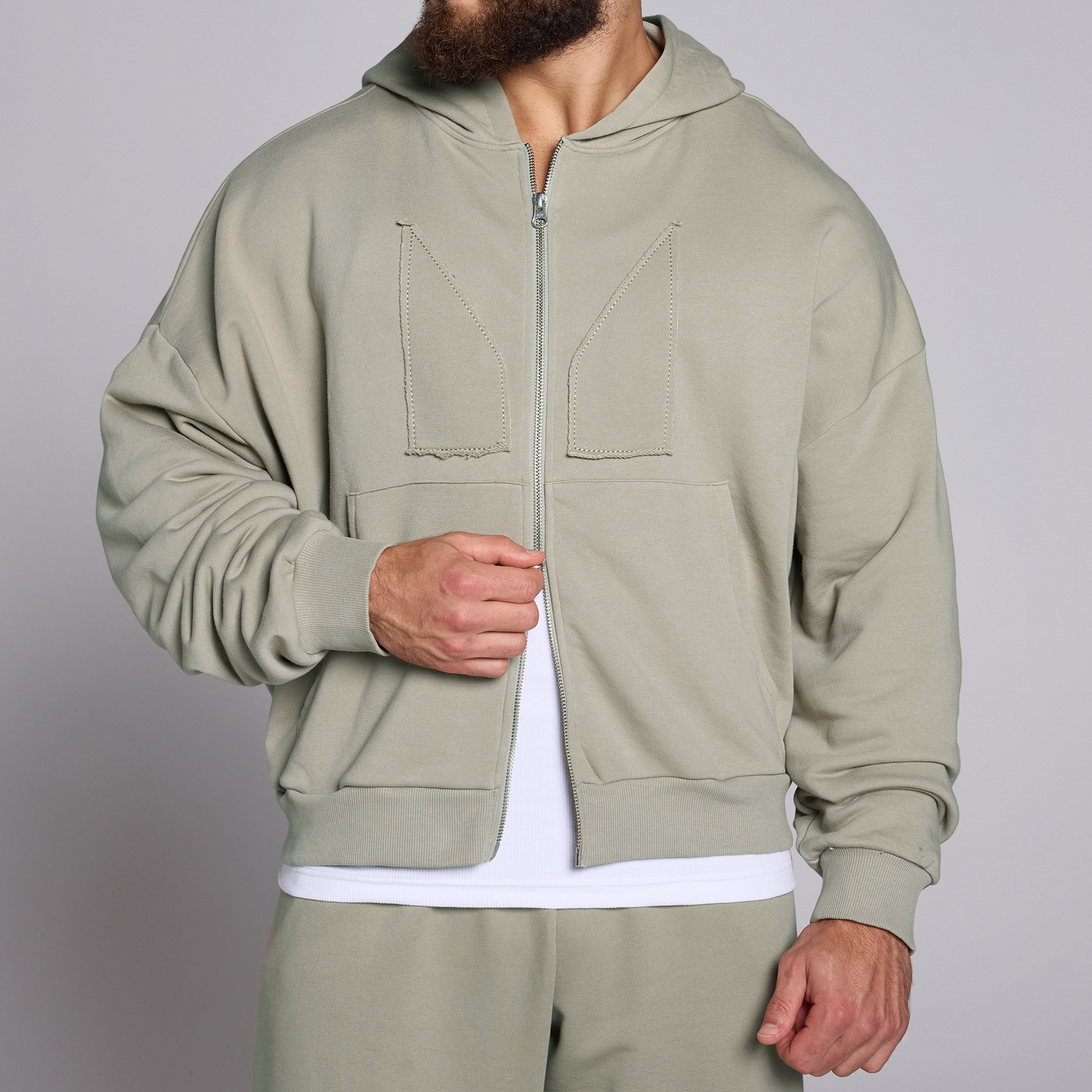 Thumbnail - MP Herren Applique Kapuzenpulli mit Zwei-Wege-Reißverschluss  – Dunkler Salbei - XL