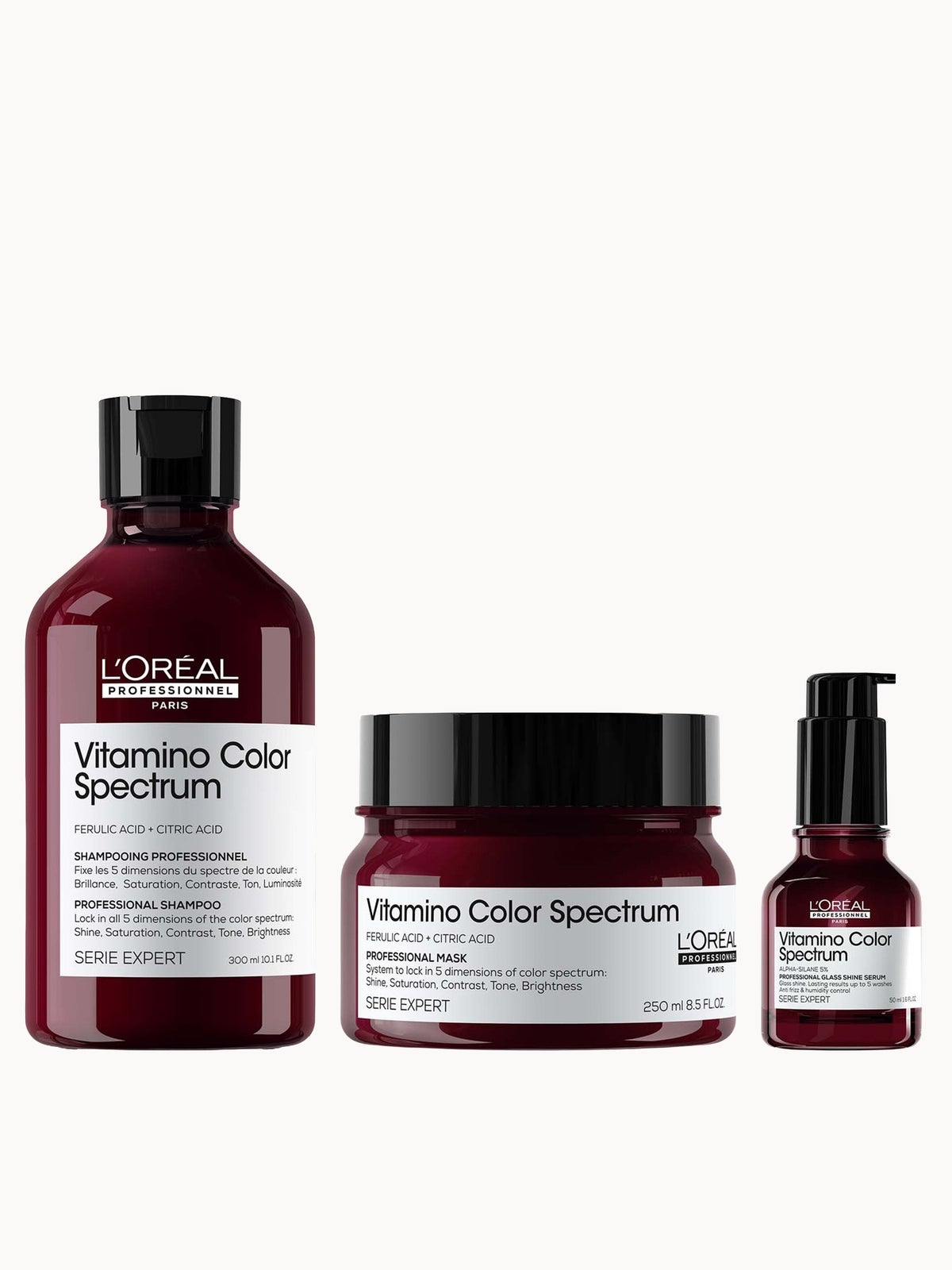 L'Oréal Professionnel Vitamino Color Spectrum Shampoo 300ml, Rinse Off Hair Mask 250ml and Serum 50ml Bundle for Coloured Hair