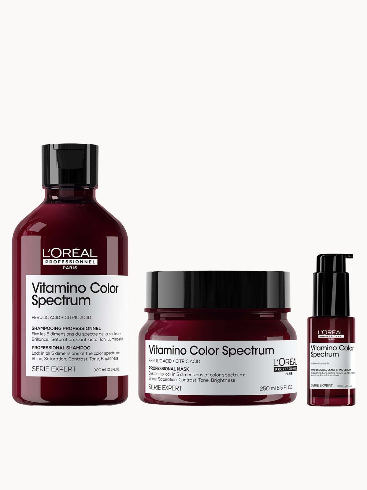 L'Oréal Professionnel Vitamino Color Spectrum Shampoo 300ml,Rinse Off Hair Mask 250ml and Serum 30ml Bundle for Coloured Hair