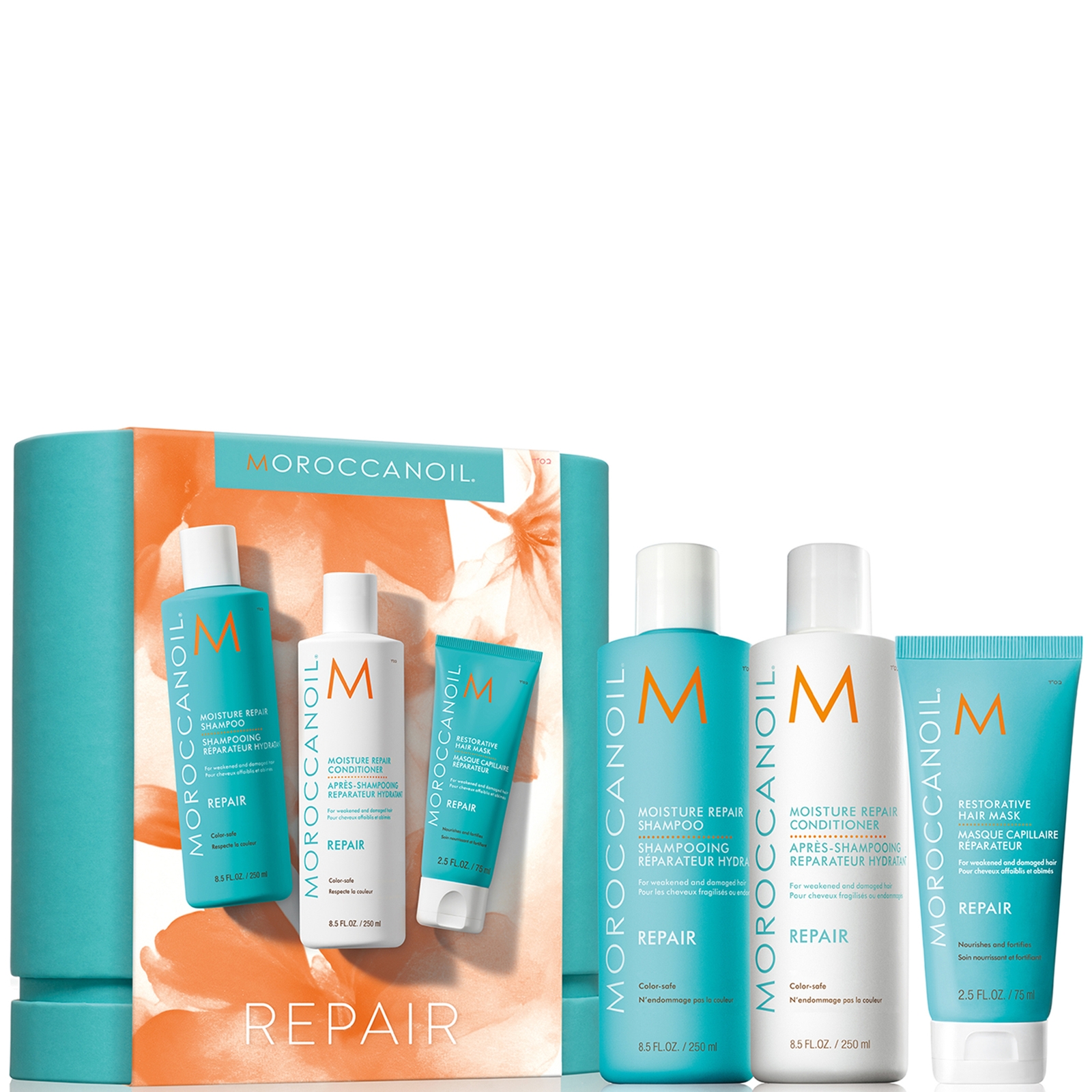 Moroccanoil Moisture Repair Shampoo and Conditioner Set with Free Restorative Hair Mask 75ml (Worth £52)