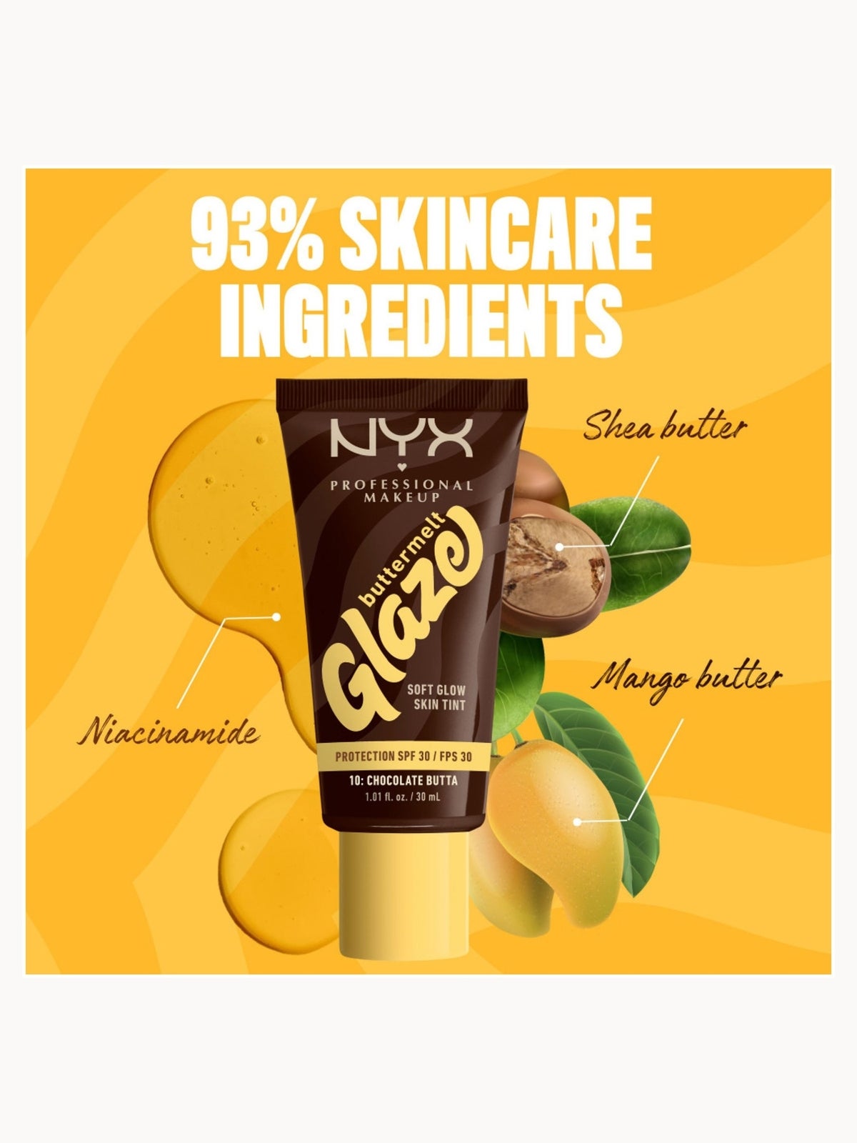 NYX Professional Makeup Buttermelt Glaze Soft Glow Skin Tint + SPF/FPS 30 Foundation (Various Shades) - Chocolate 2