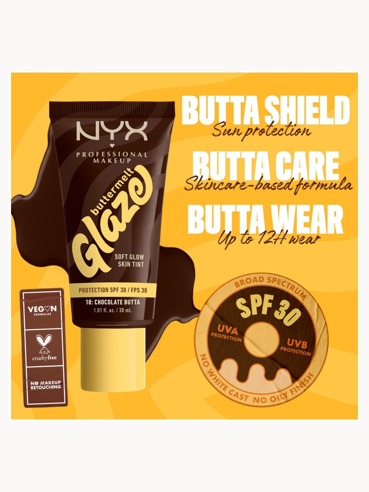 NYX Professional Makeup Buttermelt Glaze Soft Glow Skin Tint + SPF/FPS 30 Foundation (Various Shades) - Chocolate 3