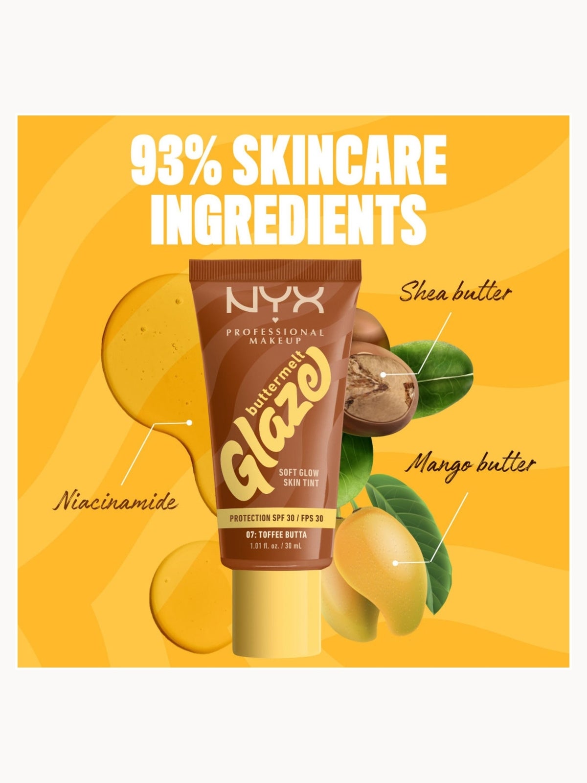 NYX Professional Makeup Buttermelt Glaze Soft Glow Skin Tint + SPF/FPS 30 Foundation (Various Shades) - Toffee 2