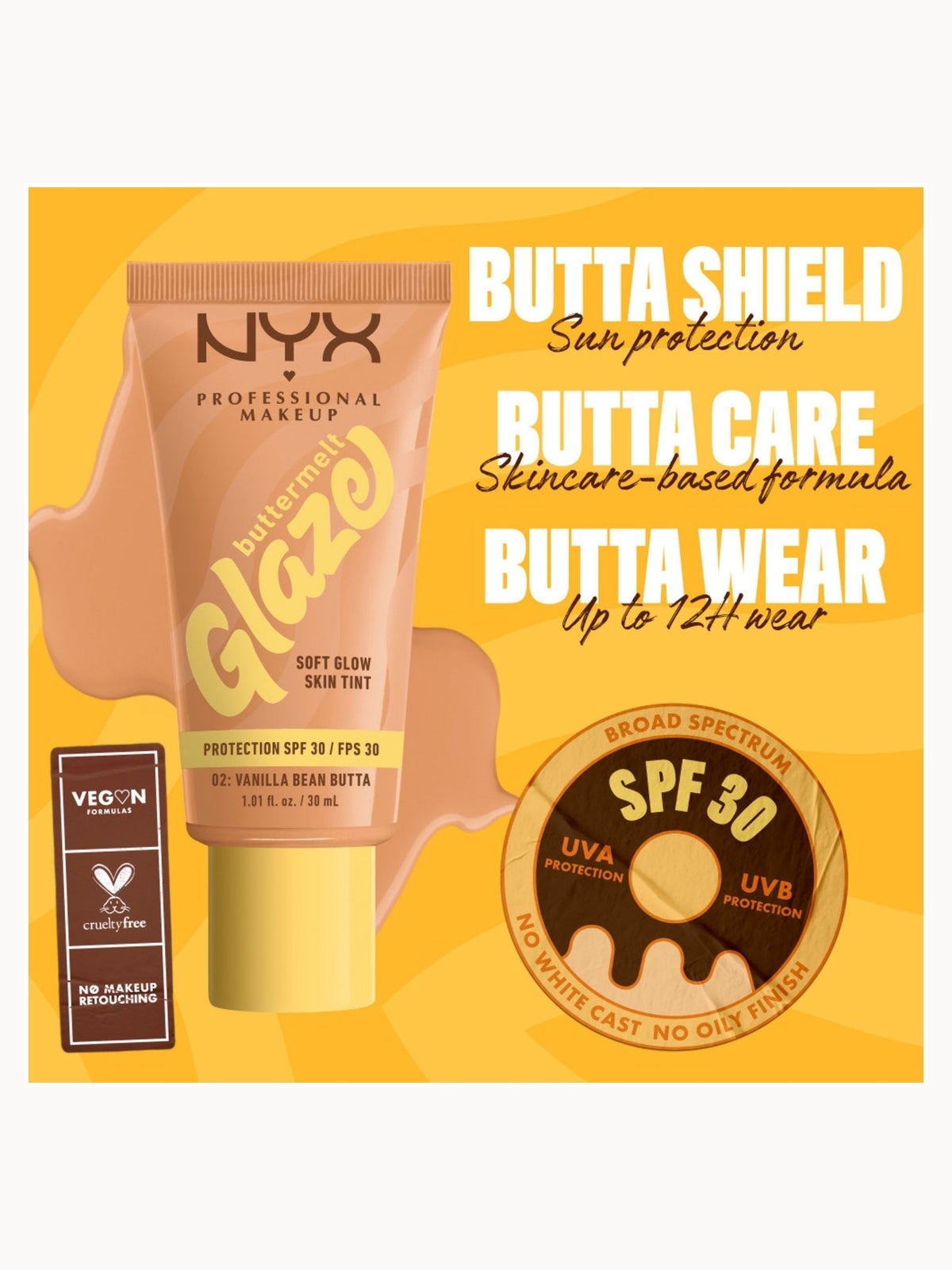 NYX Professional Makeup Buttermelt Glaze Soft Glow Skin Tint + SPF/FPS 30 Foundation (Various Shades) - Vanilla 3