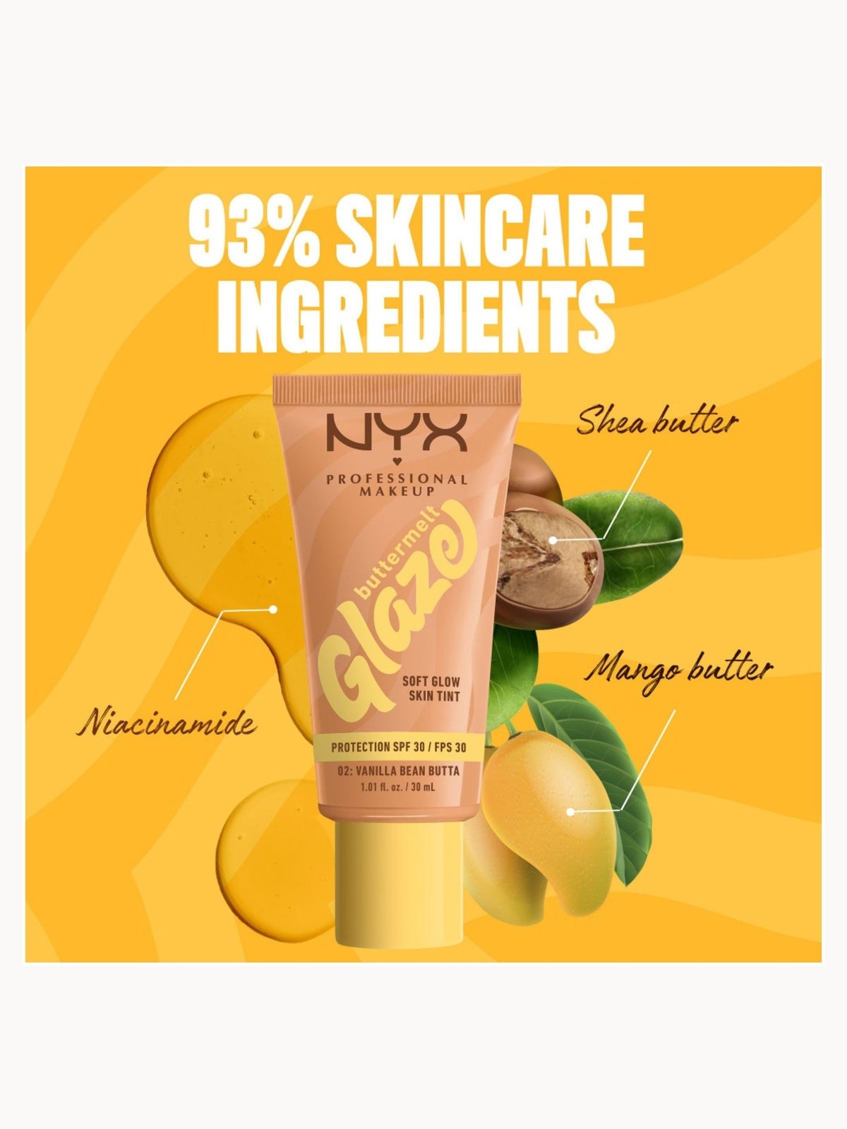 NYX Professional Makeup Buttermelt Glaze Soft Glow Skin Tint + SPF/FPS 30 Foundation (Various Shades) - Vanilla 2