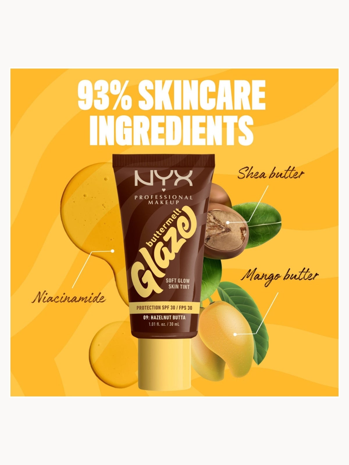 NYX Professional Makeup Buttermelt Glaze Soft Glow Skin Tint + SPF/FPS 30 Foundation (Various Shades) - Hazelnut 2