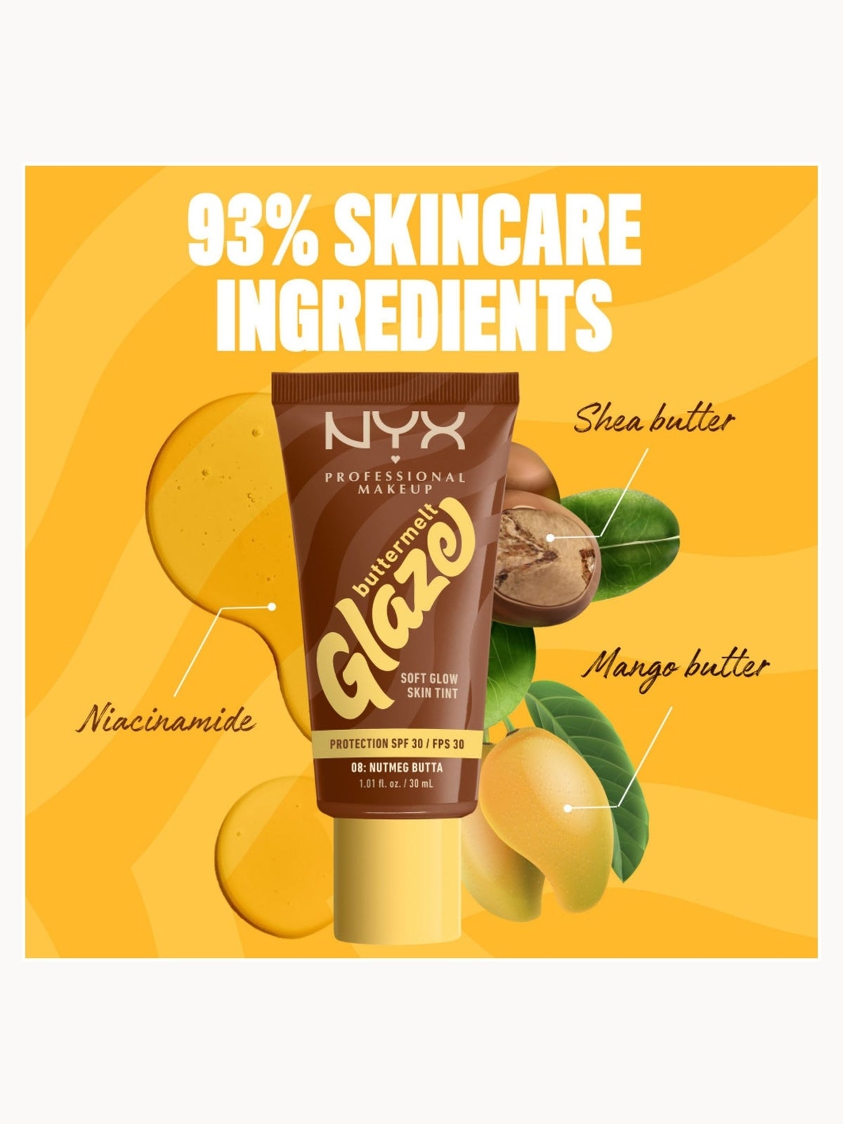 NYX Professional Makeup Buttermelt Glaze Soft Glow Skin Tint + SPF/FPS 30 Foundation (Various Shades) - Nutmeg 2