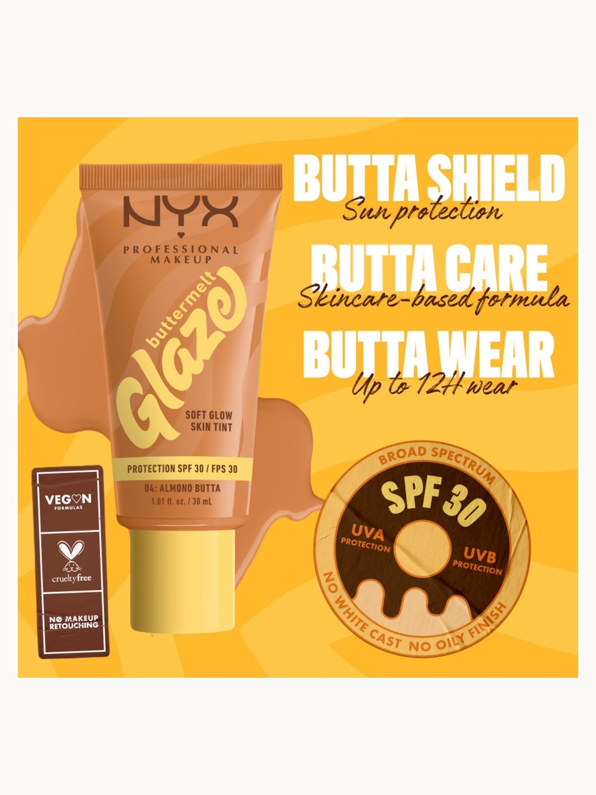 NYX Professional Makeup Buttermelt Glaze Soft Glow Skin Tint + SPF/FPS 30 Foundation (Various Shades) - Almond 3