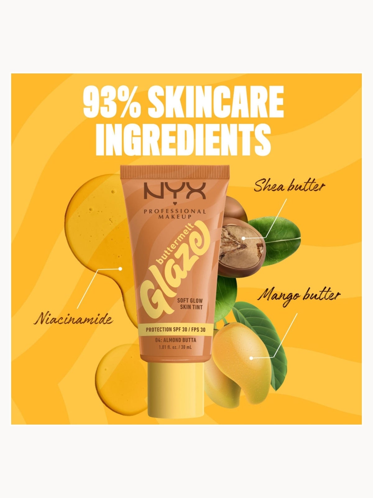 NYX Professional Makeup Buttermelt Glaze Soft Glow Skin Tint + SPF/FPS 30 Foundation (Various Shades) - Almond 2