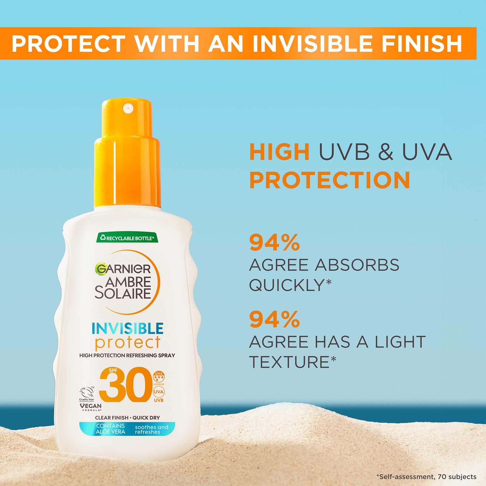 Garnier Ambre Solaire Invisible Protect Sun Protection Spray SPF30 Invisible Finish Sun Cream Spray 150ml 2