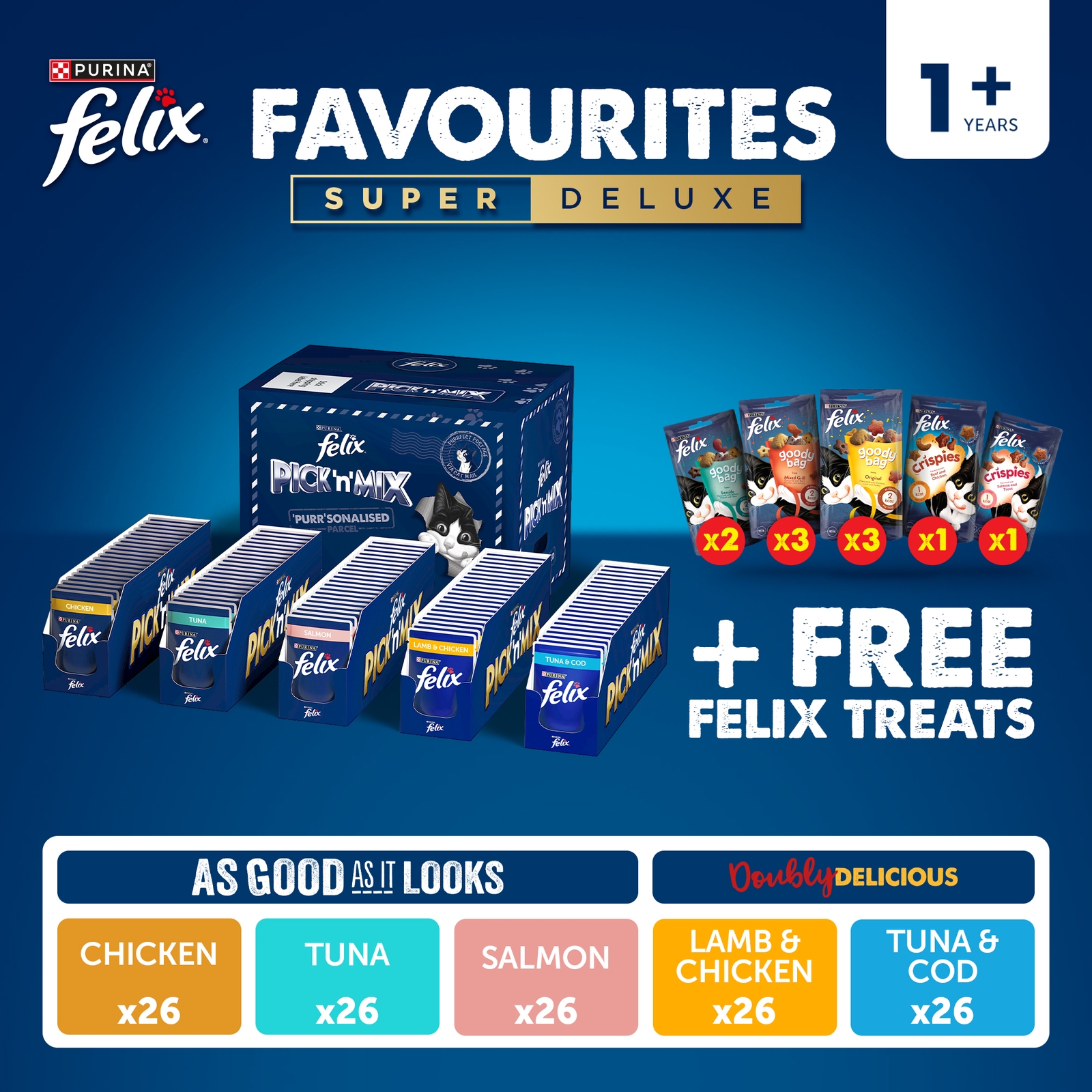 Image of Felix Favourites Pre-Mixed Super Deluxe Bundle Adult Wet Cat Food 130x85g + 10 Felix Treats