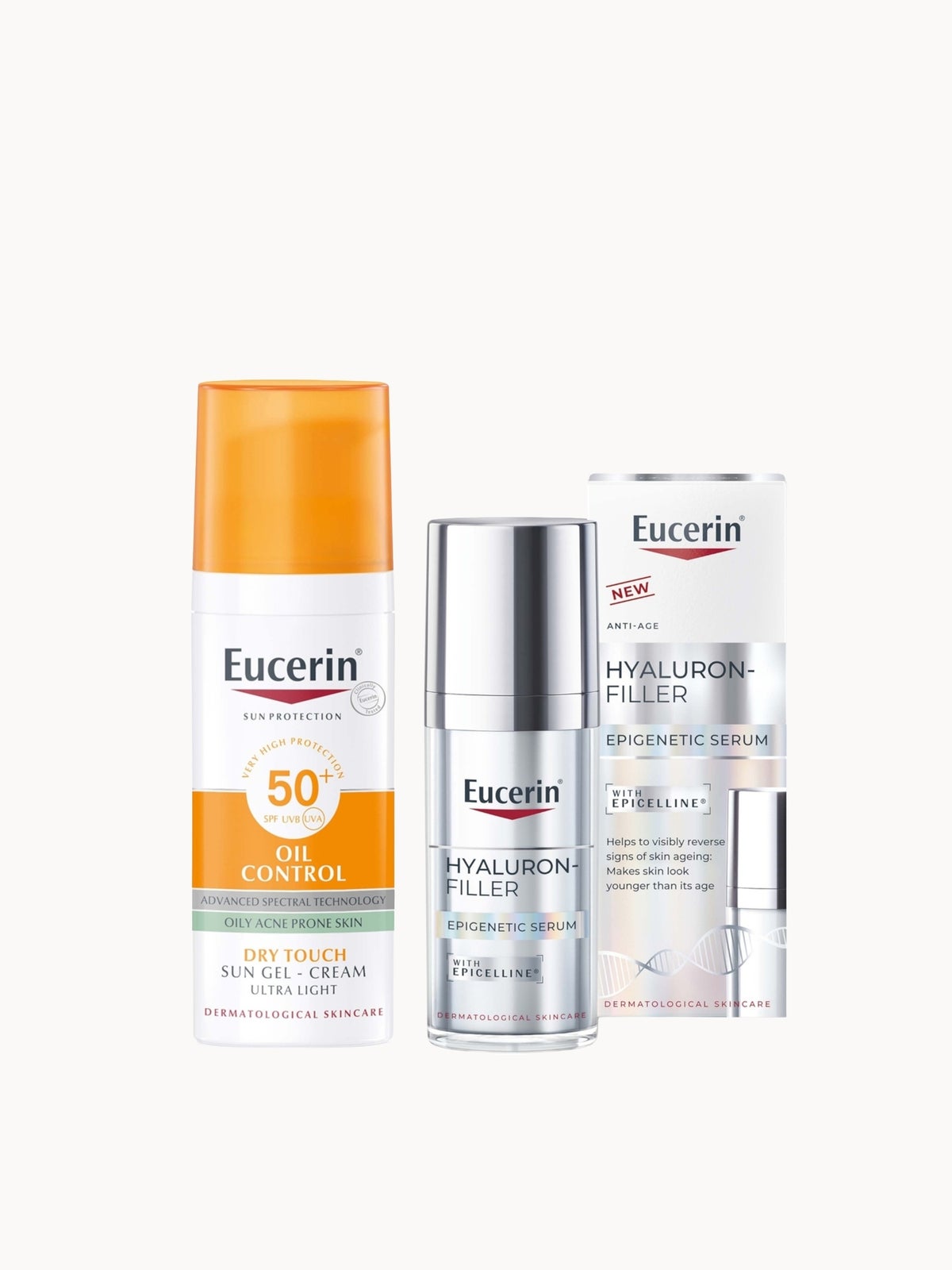 Eucerin Hyaluron-Filler Epigenetics Serum 30ml & Sun Face Oil Control 50ml Gel Bundle to Protect & Reverse signs of ageing