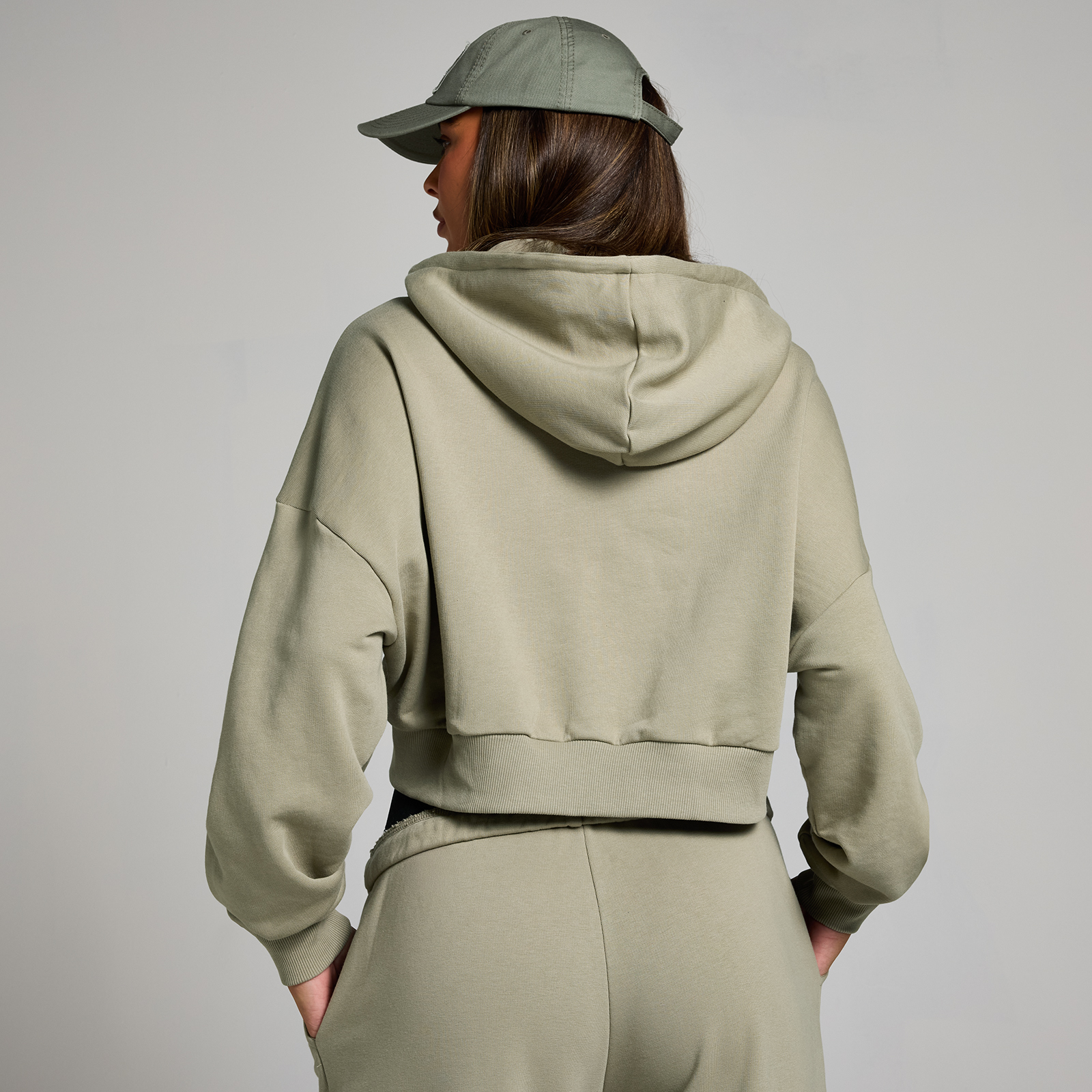 5059883395371 - MP Damen Applique Kapuzenpulli mit verkürztem Schnitt mit Reißverschluss – Dunkler Salbei - XXL