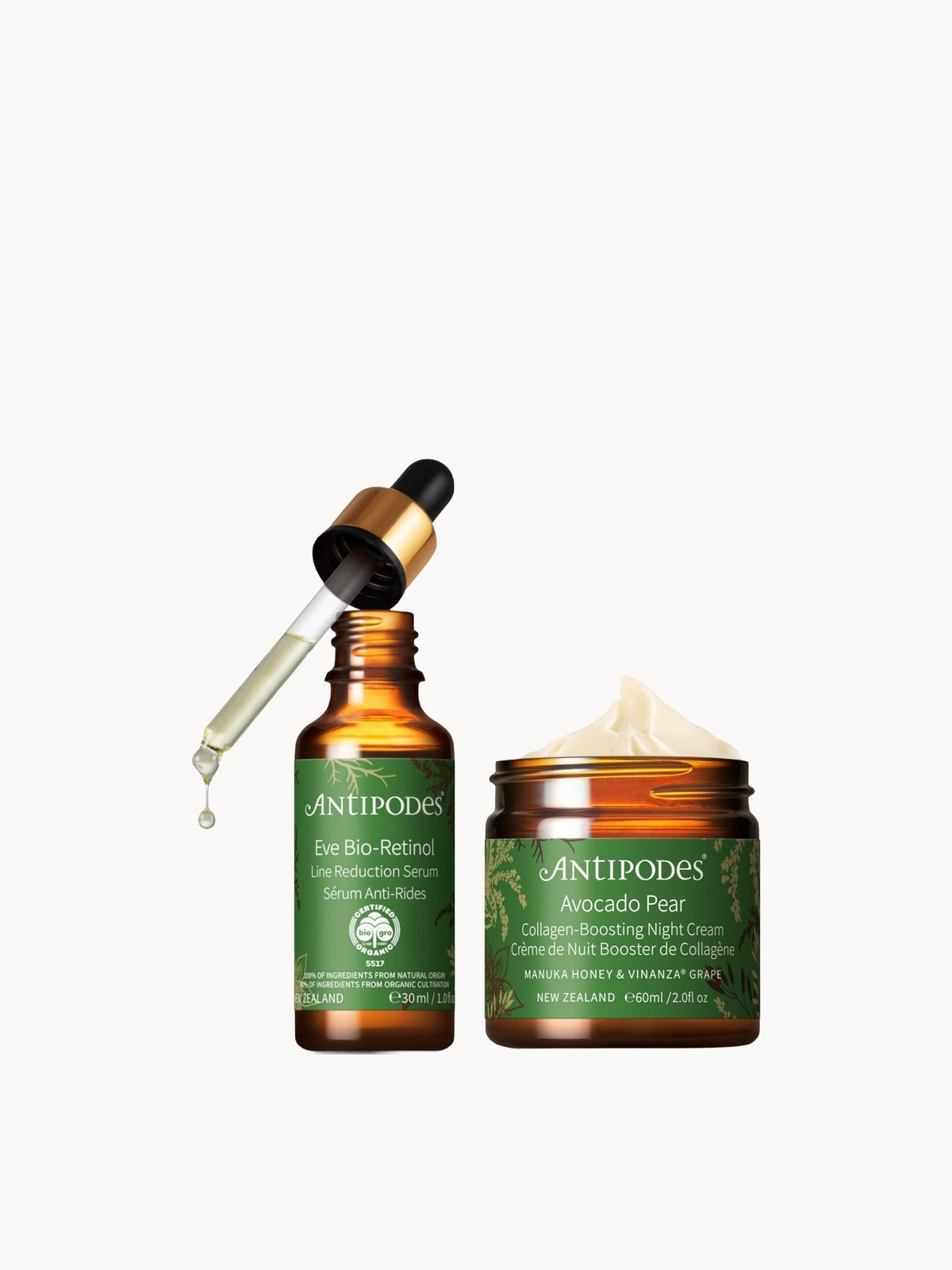 Antipodes Eve Bio-Retinol Line Reduction Serum 30ml, Avocado Pear Collagen-Boosting Night Cream 60ml Bundle