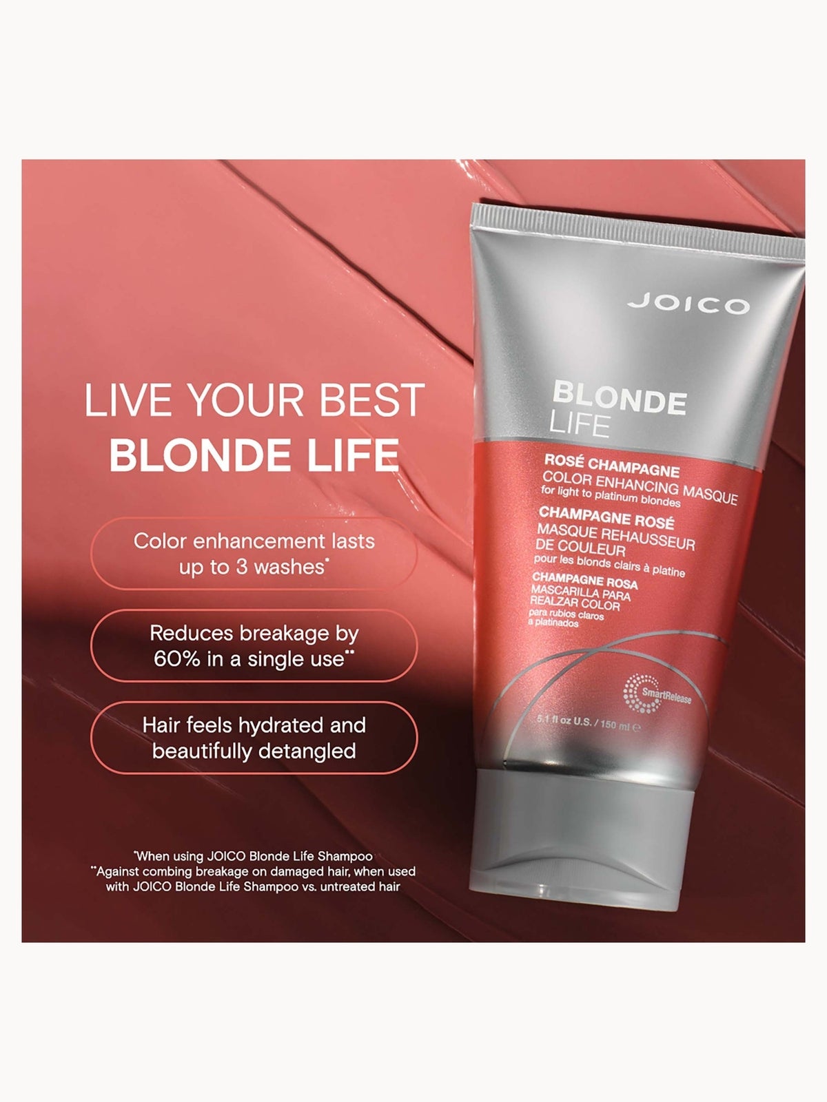 Joico Blonde Life ROSÉ CHAMPAGNE Color Enhancing Masque 150ml 3