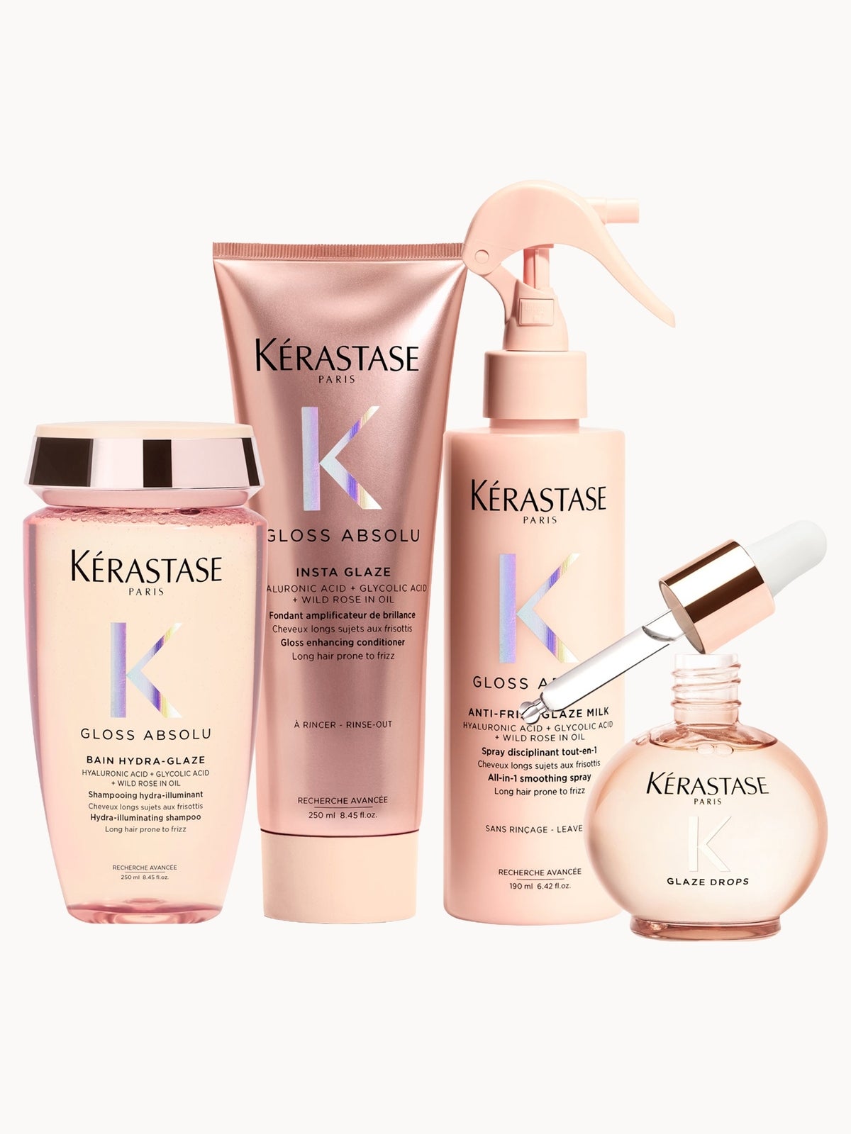 Kérastase Gloss Absolu Shampoo, Conditioner. Treatment Spray and Glaze Drops Hair Oil Routine