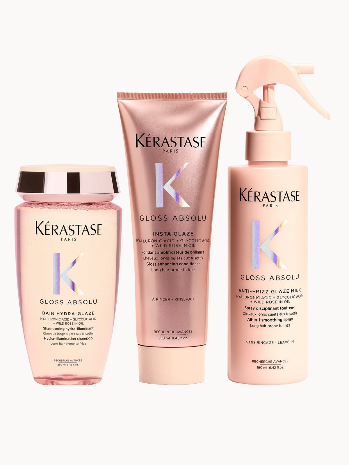 Kérastase Gloss Absolu Shampoo, Conditioner and Treatment Spray Trio, with Glycolic Acid, Hyaluronic Acid and Wild Rose