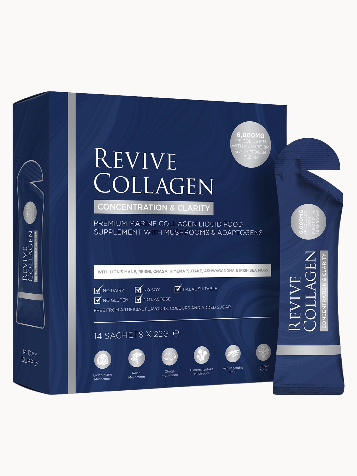 Image of Revive Collagen Concentration & Clarity Functional Mushroom and Adaptogen Blend with 6000mg Marine Collagen 14 x 22g