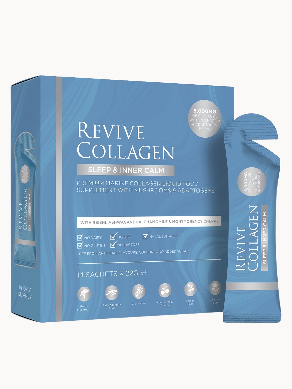 Image of Revive Collagen Sleep & Inner Calm Functional Mushroom and Adaptogen Blend with 6000mg Marine Collagen 14 x 22g