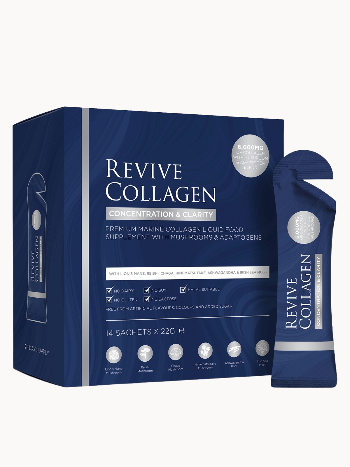 Image of Revive Collagen Concentration & Clarity Functional Mushroom and Adaptogen Blend with 6000mg Marine Collagen 28 x 22g