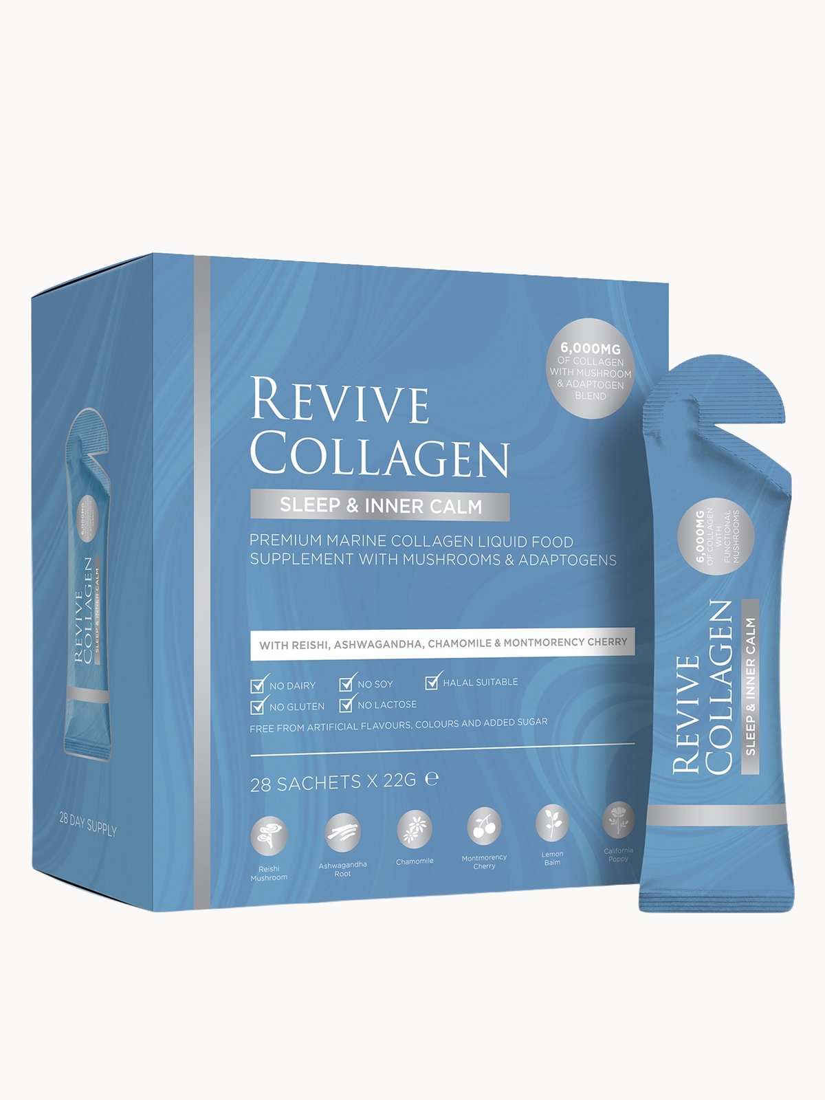 Image of Revive Collagen Sleep & Inner Calm Functional Mushroom and Adaptogen Blend with 6000mg Marine Collagen 28 x 22g