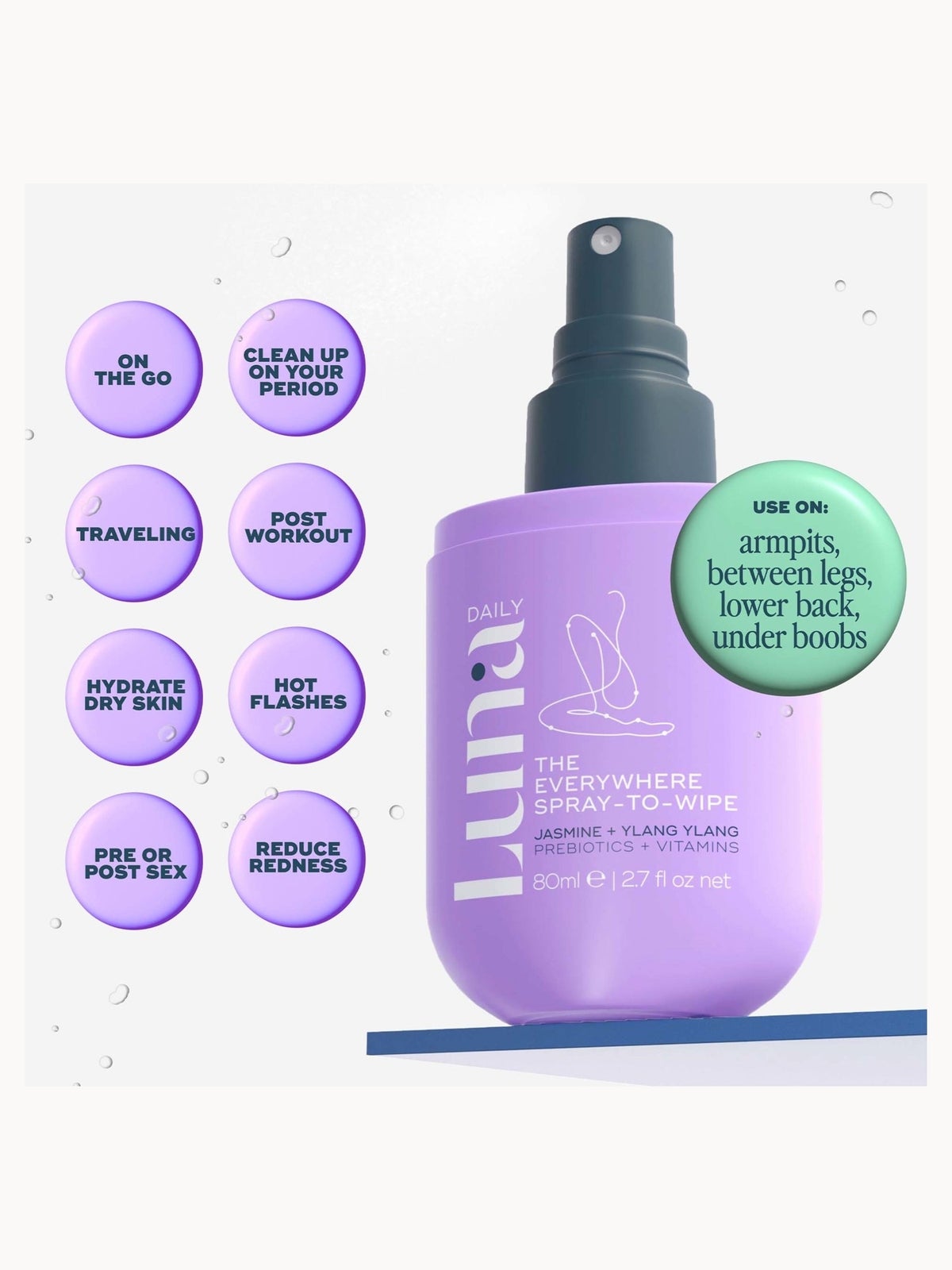 Luna Daily The Everywhere Spray-To-Wipe - pH-balancing Body Cleansing Spray With Prebiotics + Vitamins C & E 80ml 3