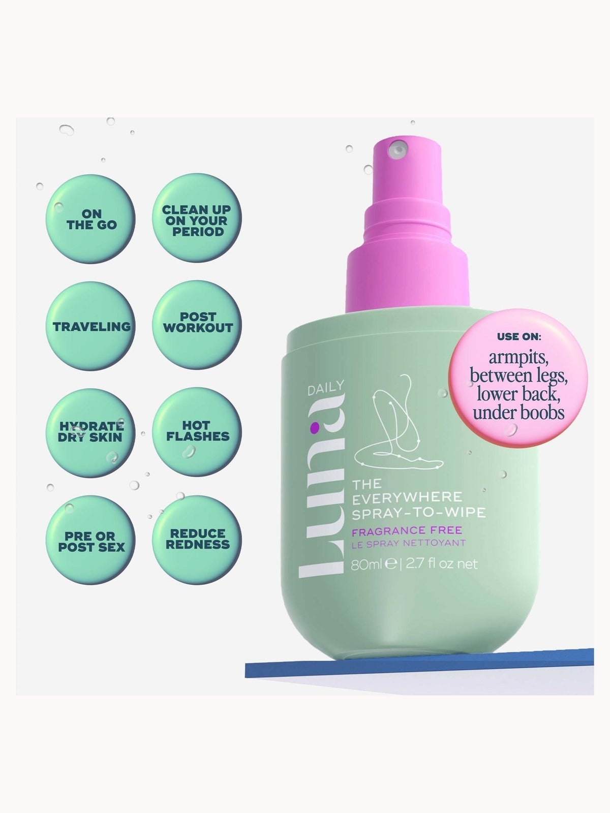 Luna Daily The Fragrance Free Spray-To-Wipe - pH-balancing Spray With Prebiotics + Vitamins C & E for Sensitive Skin 80ml 3