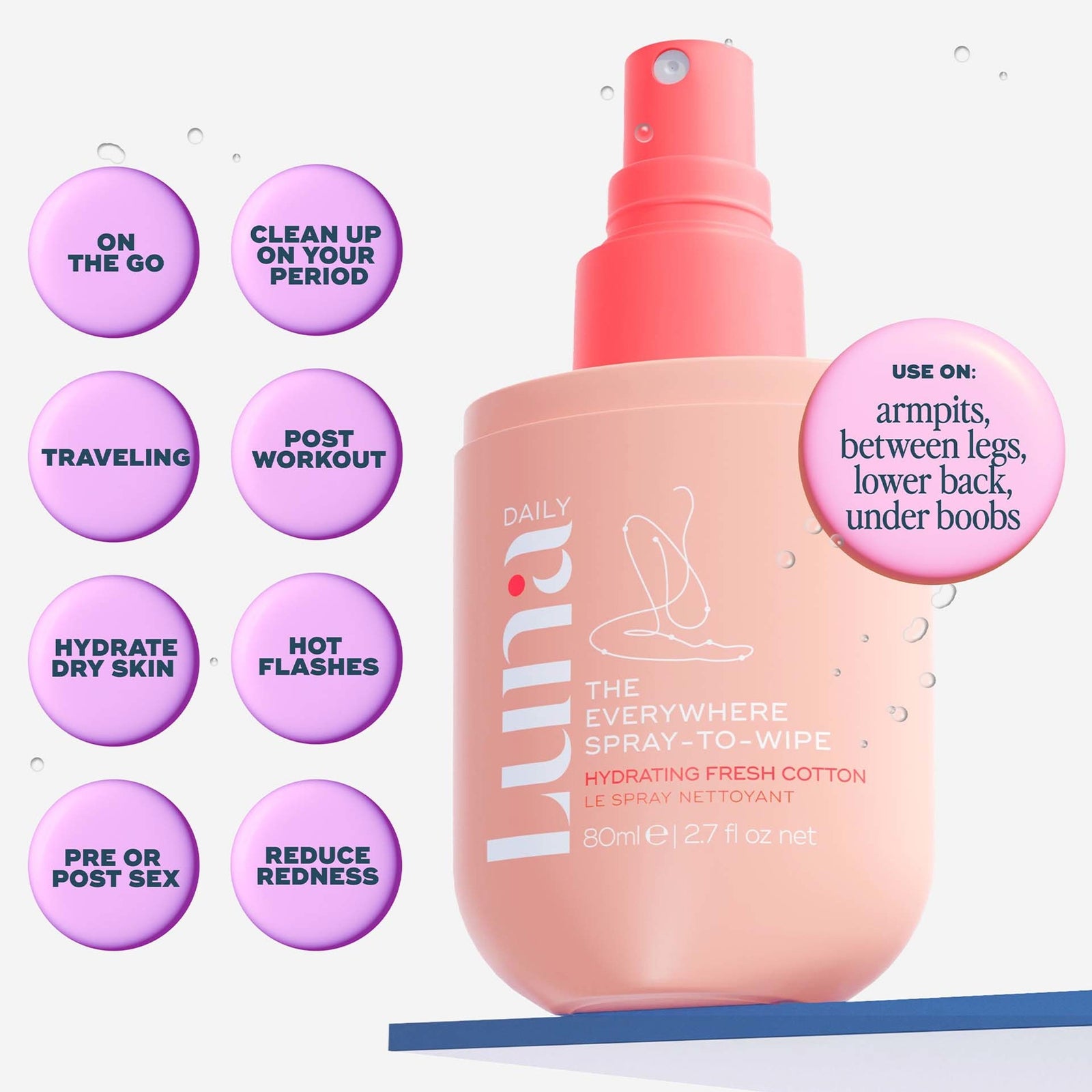 Luna Daily The Hydrating Everywhere Spray-To-Wipe - pH-balancing Body Spray With Prebiotics + Omegas 3 & 6 for Dry Skin 80ml 3