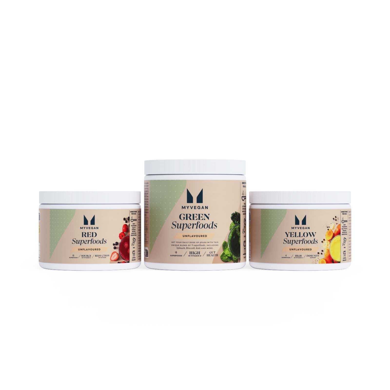 Pack de mezclas vegetales de superalimentos - Reds - Strawberry Acai - Yellow - Unflavoured - Greens - Unflavoured de Myvegan | Natural Doctor