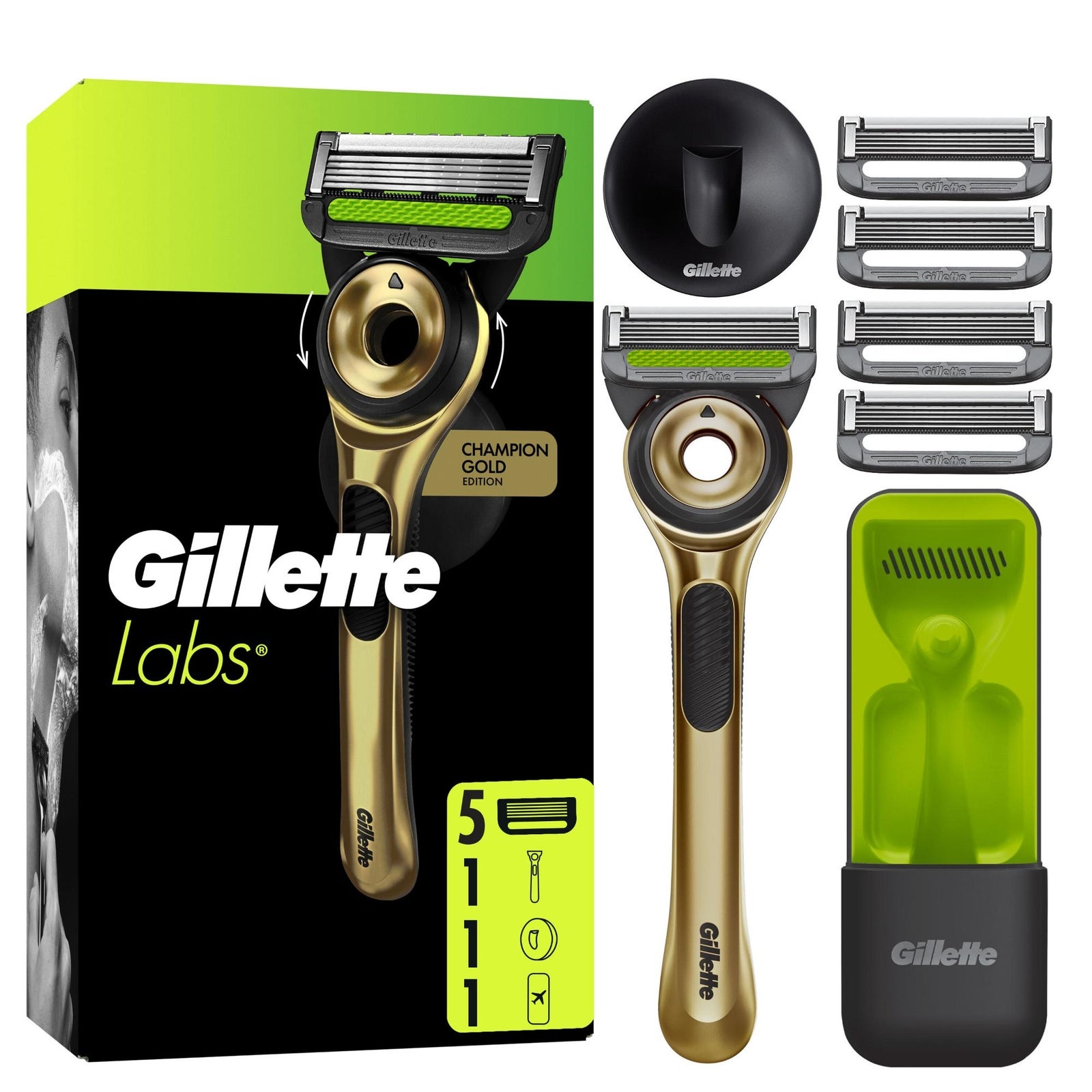 Gillettelabs Razor For Men, Champion Gold Edition, 1 Handle & Travel Case - 5 Blades Refills, Exfoliating Bar, Wall Hanger, Convenient Bathroom - Image 3