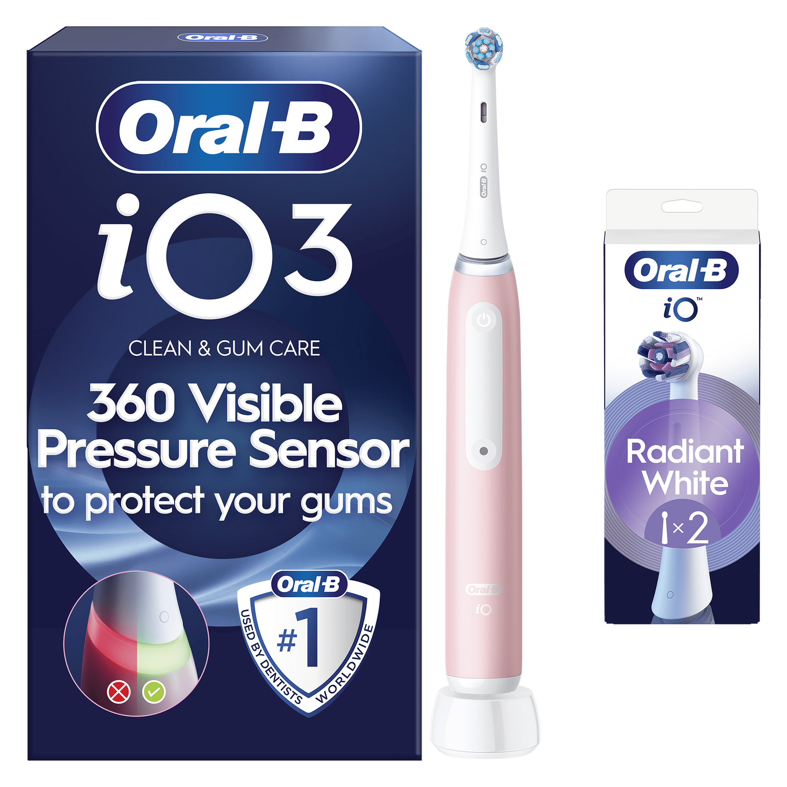 Oral-B iO 3 Pink Electric Toothbrush - Toothbrush + 2 Toothbrush Heads (Radiant White): retailer-supplied image