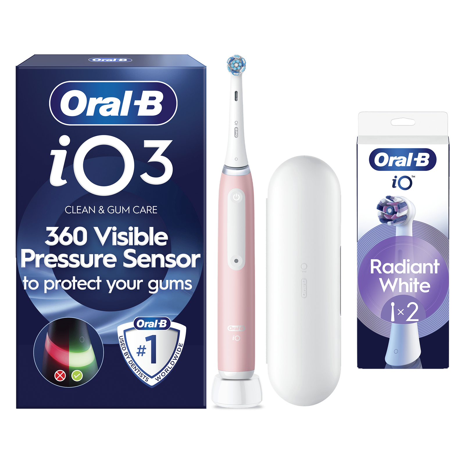 Oral-B iO 3 Pink Electric Toothbrush - Toothbrush + 2 Toothbrush Heads (Radiant White): retailer-supplied image