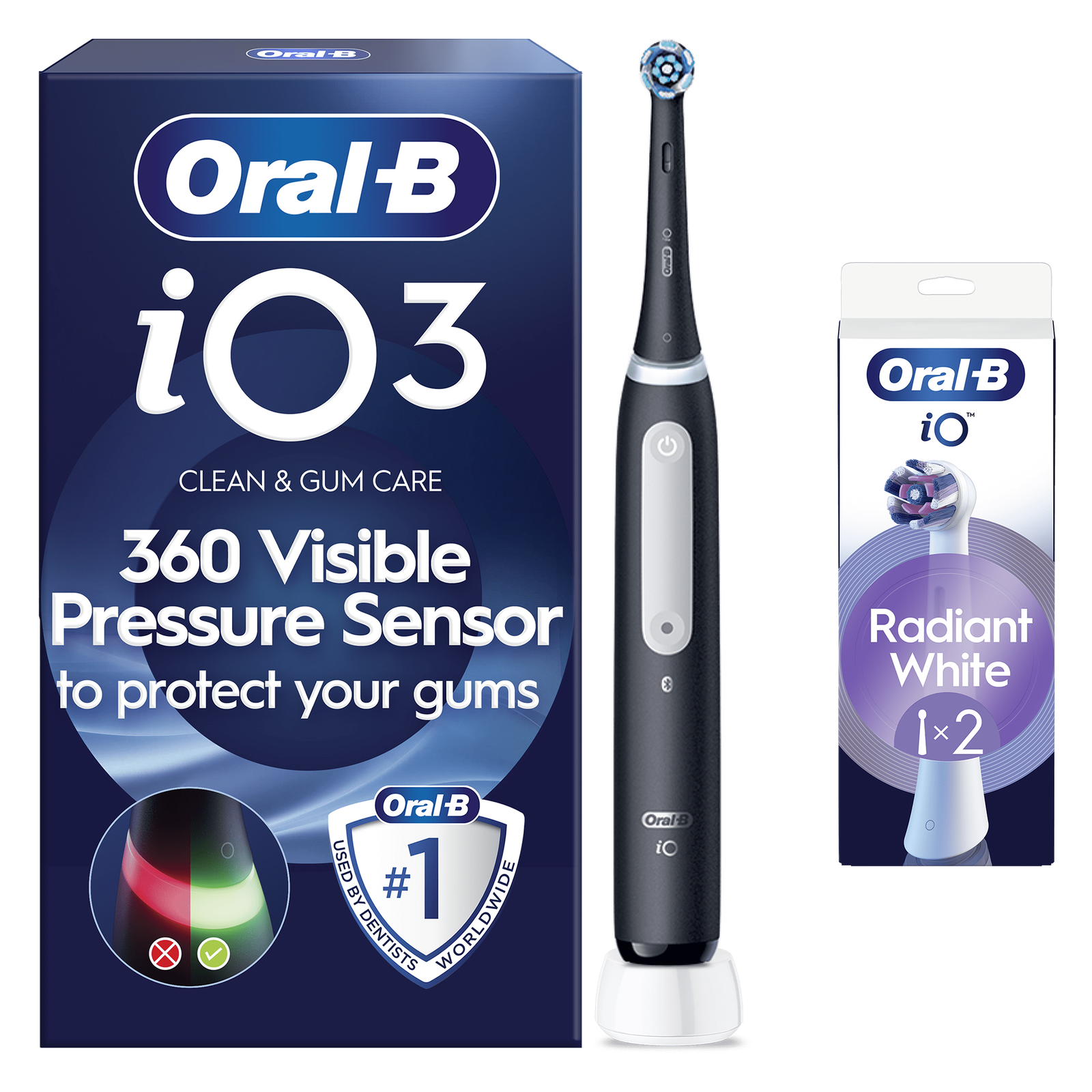 Oral-B iO3 Matt Black Electric Toothbrush + 2 Toothbrush Heads (Radiant White)