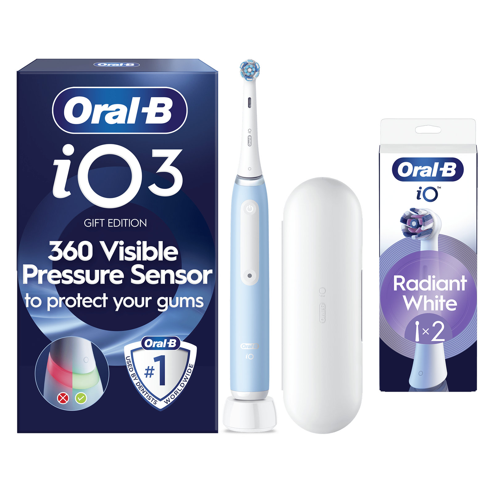 Oral-B iO3 Ice Blue with Travel Case - Toothbrush + 2 Toothbrush Heads (Radiant White): retailer-supplied image