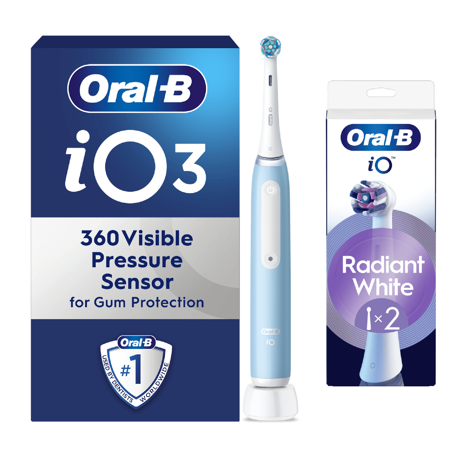 Oral-B iO3 Ice Blue Electric Toothbrush - Toothbrush + 2 Toothbrush Heads (Radiant White)
