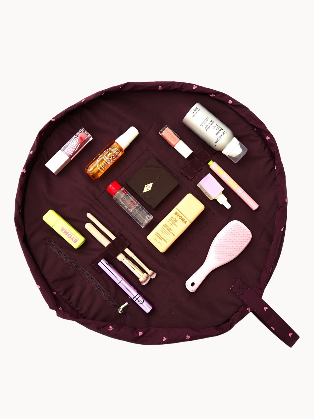 The Flat Lay Co. Parachute Drawstring Flat Lay Makeup Bag - Burgundy Hearts LOOKFANTASTIC EXCLUSIVE 4