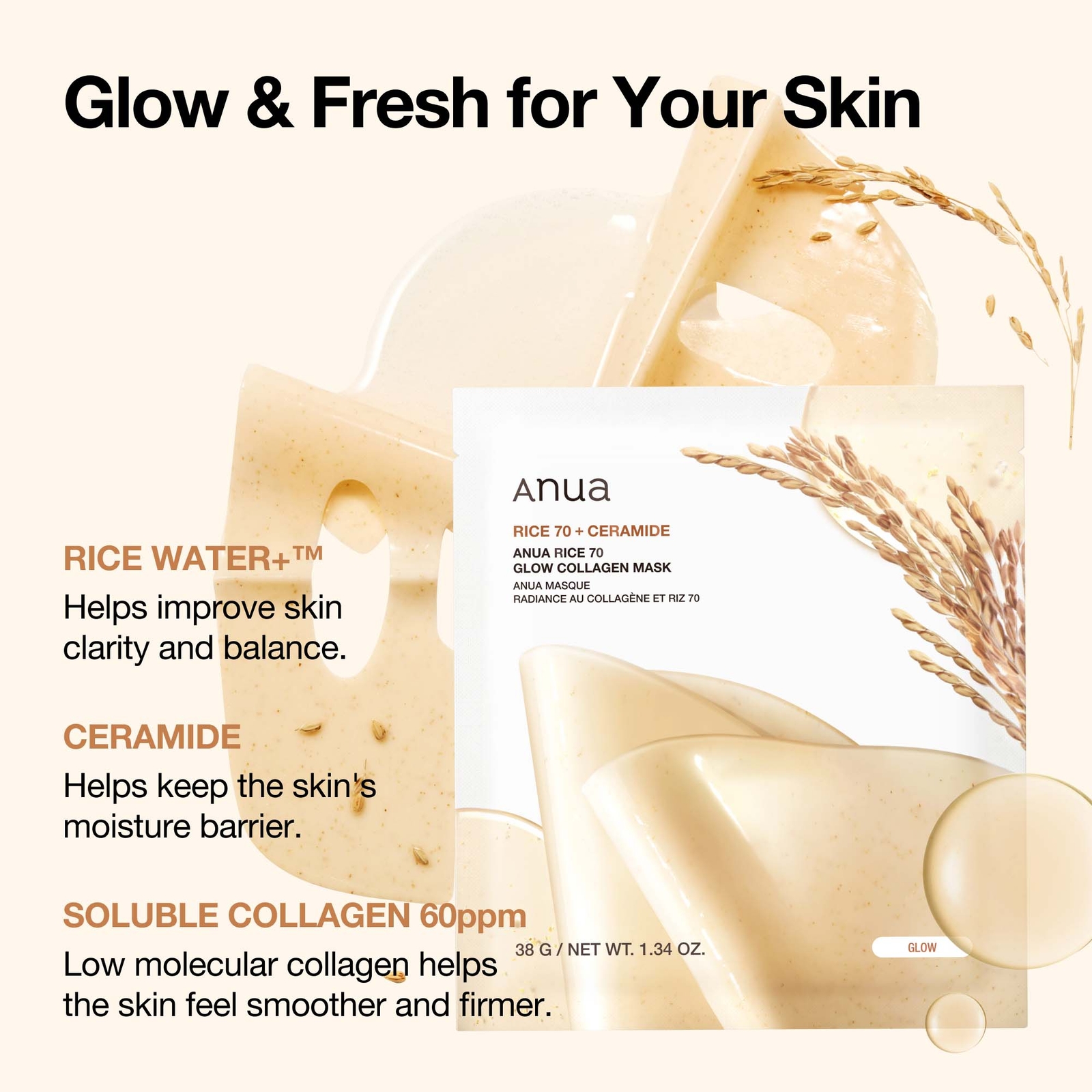 Thumbnail - Anua Rice 70 Glow Collagen Mask (4 Sheets) 38g