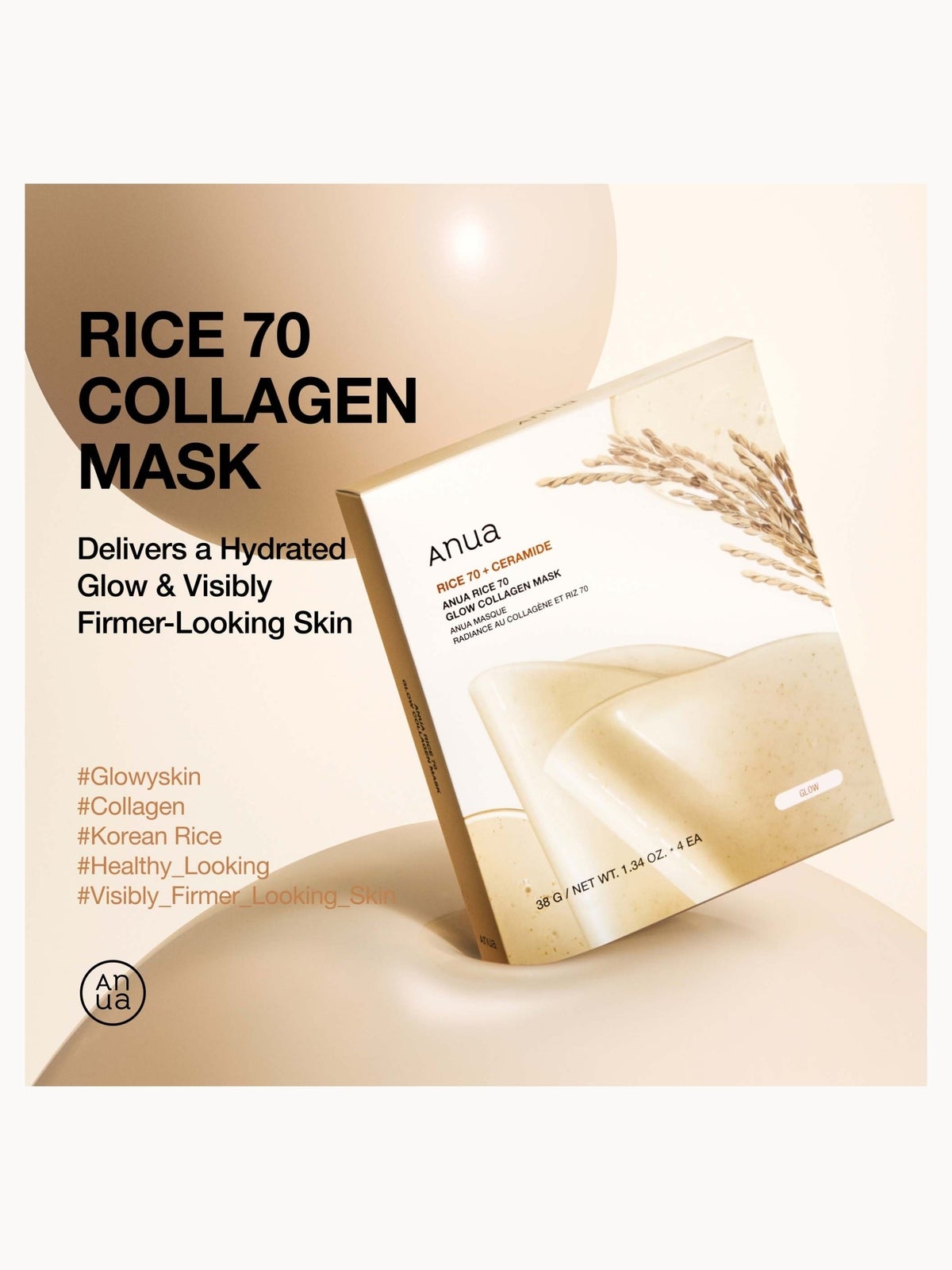 Anua Rice 70 Glow Collagen Mask (4 Sheets) 38g 2